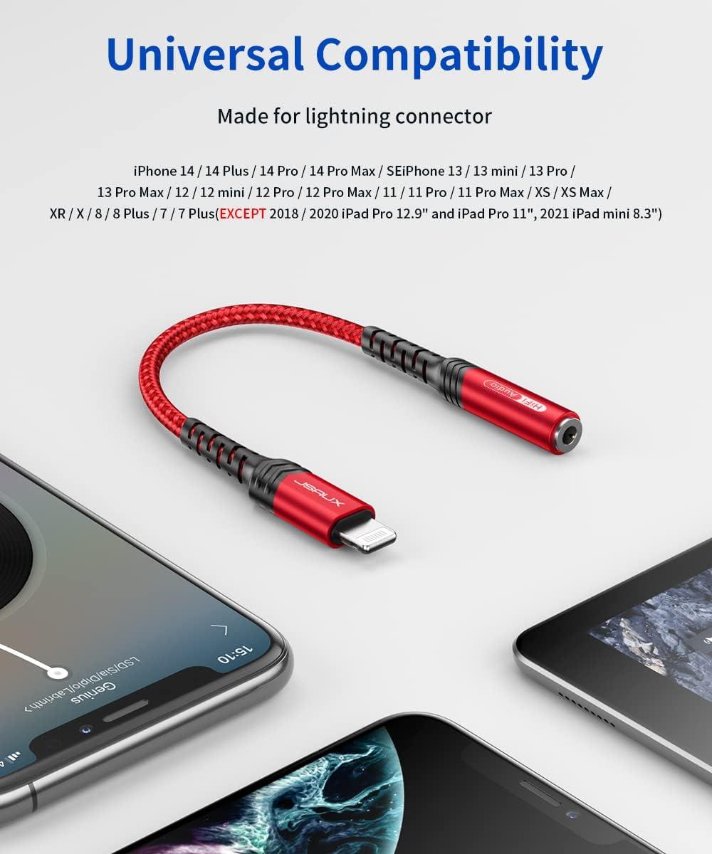 imageJSAUX Headphone Adapter for iPhone Lightning to 35mm Adapter Apple MFi Certified Compatible with iPhone 14 Pro Max14 Plus13 12 11 Pro MaxSEXSRedRed