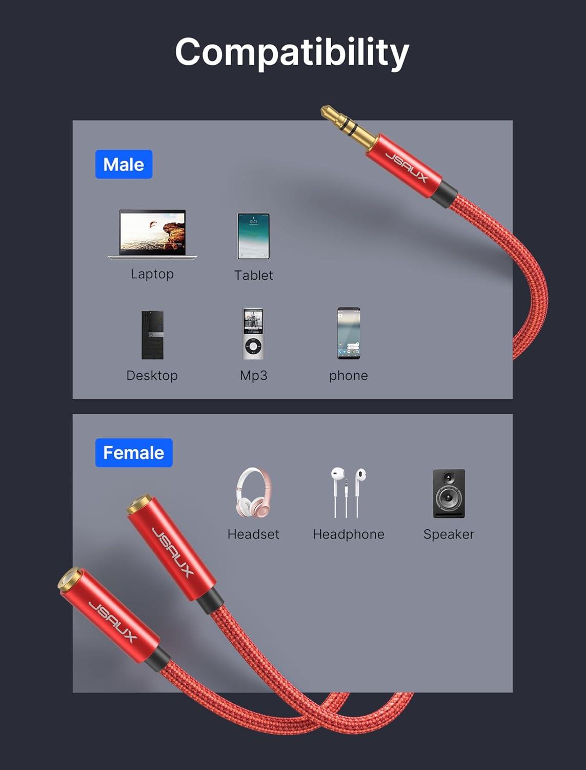 imageJSAUX Headphone Splitter 35mm Audio Splitter 2 Female to 1 Male Dual Headphone Adapter Compatible with PS4 PS5 Xbox Nintendo Switch PC Gaming Headsets Phone Tablet Laptop and MoreRedRed