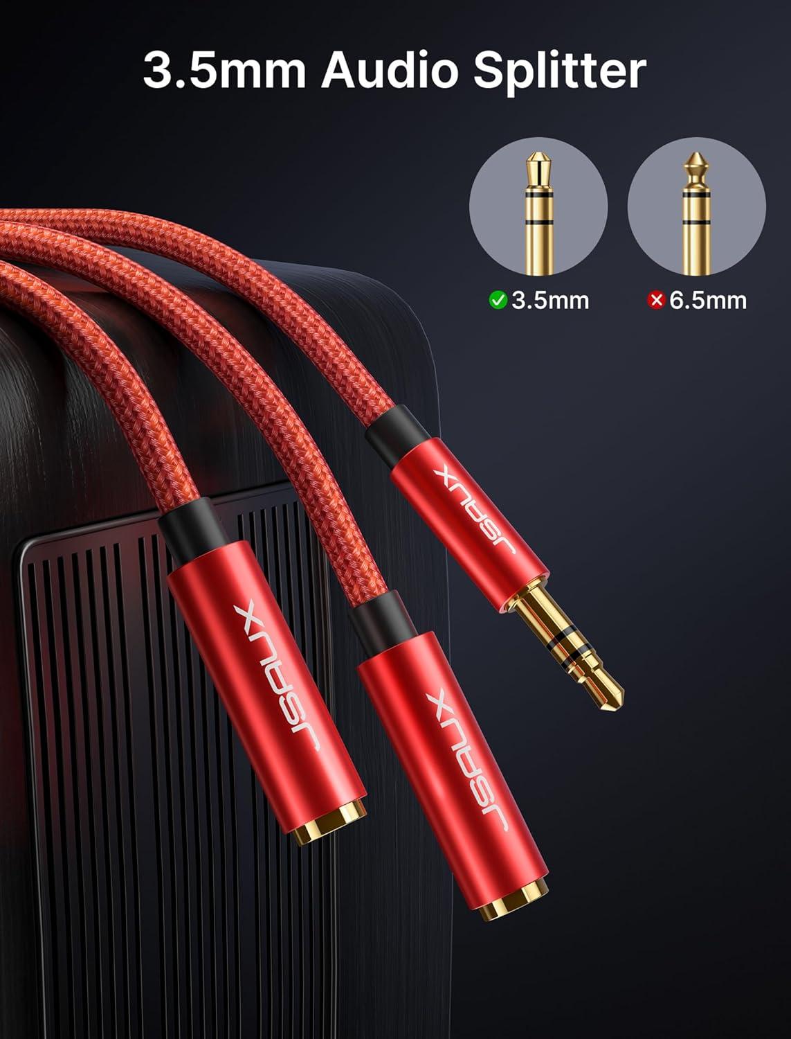 imageJSAUX Headphone Splitter 35mm Audio Splitter 2 Female to 1 Male Dual Headphone Adapter Compatible with PS4 PS5 Xbox Nintendo Switch PC Gaming Headsets Phone Tablet Laptop and MoreRedRed