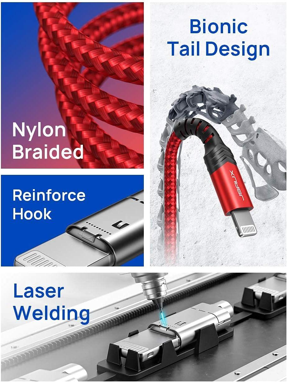 imageJSAUX MFi Certified Lightning Cable 6ft Charger Cable for iPhone Nylon Braided Heavy Duty Upgraded C89 USB Lightning Cord for iPhone 11 Xs Max X XR 8 7 6s 6 Plus SE 5 5s iPad iPodRedRed