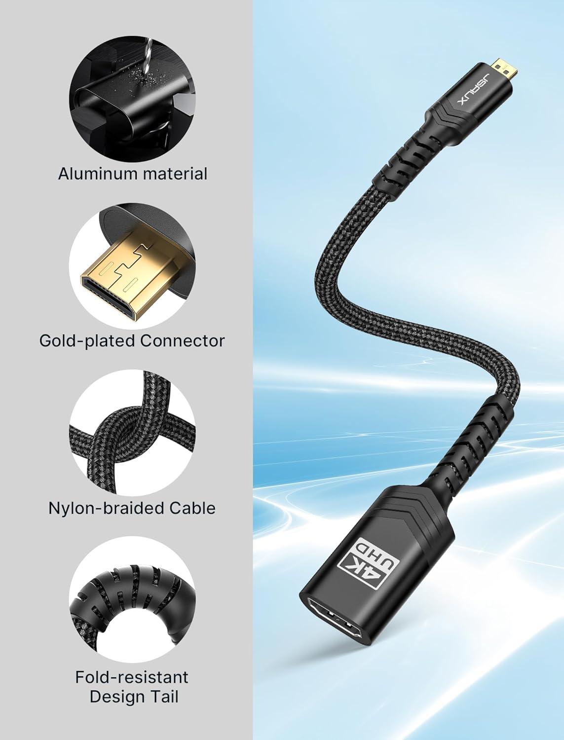 imageJSAUX Micro HDMI to HDMI Adapter 4K60Hz HDR 3D Dolby 18Gbps Compatible with Raspberry Pi 5Pi 4Go Pro HeroNikonCanonSony and Other CameraGrayBlack