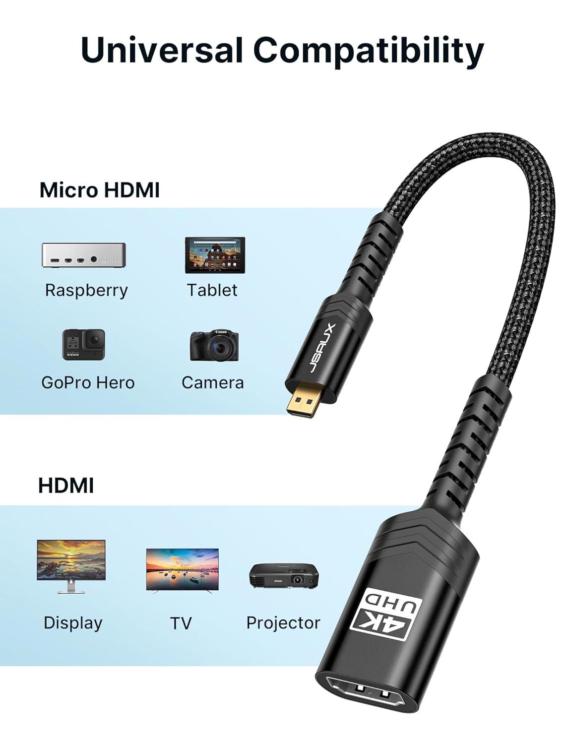 imageJSAUX Micro HDMI to HDMI Adapter 4K60Hz HDR 3D Dolby 18Gbps Compatible with Raspberry Pi 5Pi 4Go Pro HeroNikonCanonSony and Other CameraGrayBlack