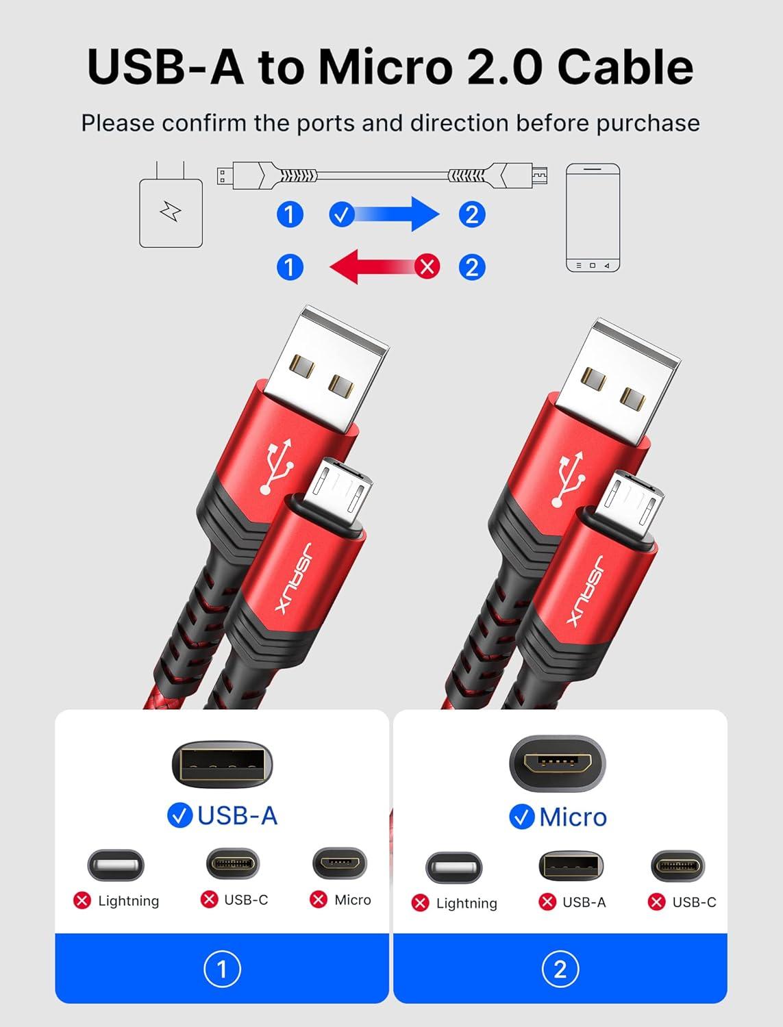imageJSAUX Micro USB Cable for Android 2Pack 66FT Kindle Charger Cord Replacement Nylon Braided USB Micro Charging Cable Compatible with Galaxy S7 S6 J7 Edge Note 5 Kindle MP3BlueRED