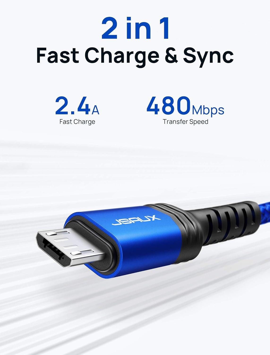 imageJSAUX Micro USB Cable for Android 2Pack 66FT Kindle Charger Cord Replacement Nylon Braided USB Micro Charging Cable Compatible with Galaxy S7 S6 J7 Edge Note 5 Kindle MP3BlueBlue