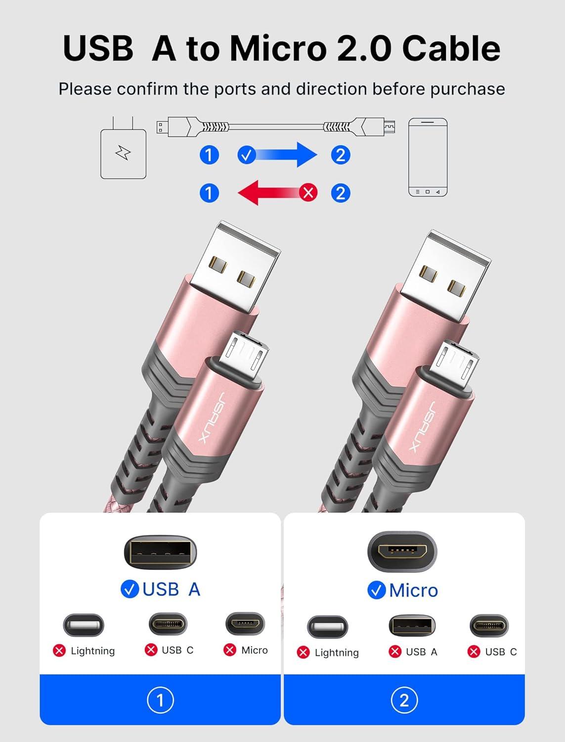 imageJSAUX Micro USB Cable for Android 2Pack 66FT Kindle Charger Cord Replacement Nylon Braided USB Micro Charging Cable Compatible with Galaxy S7 S6 J7 Edge Note 5 Kindle MP3BlueGold Rose
