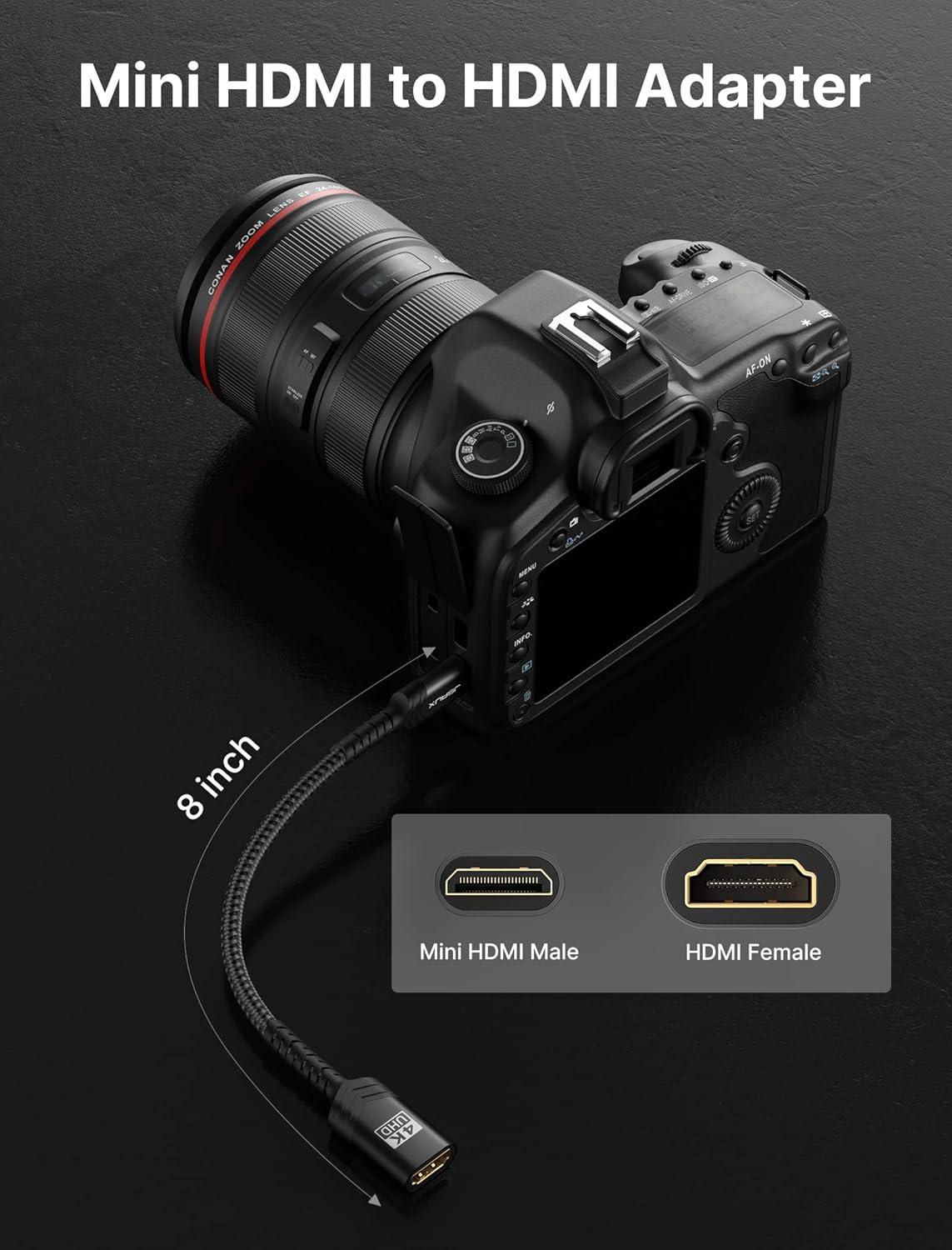 imageJSAUX Mini HDMI to HDMI Adapter Mini HDMI Male to HDMI Female Cable with 4K 60Hz HDR 3D 18Gbps Compatible with Camera Camcorder Raspberry Pi Zero Laptop TabletGrayBlack