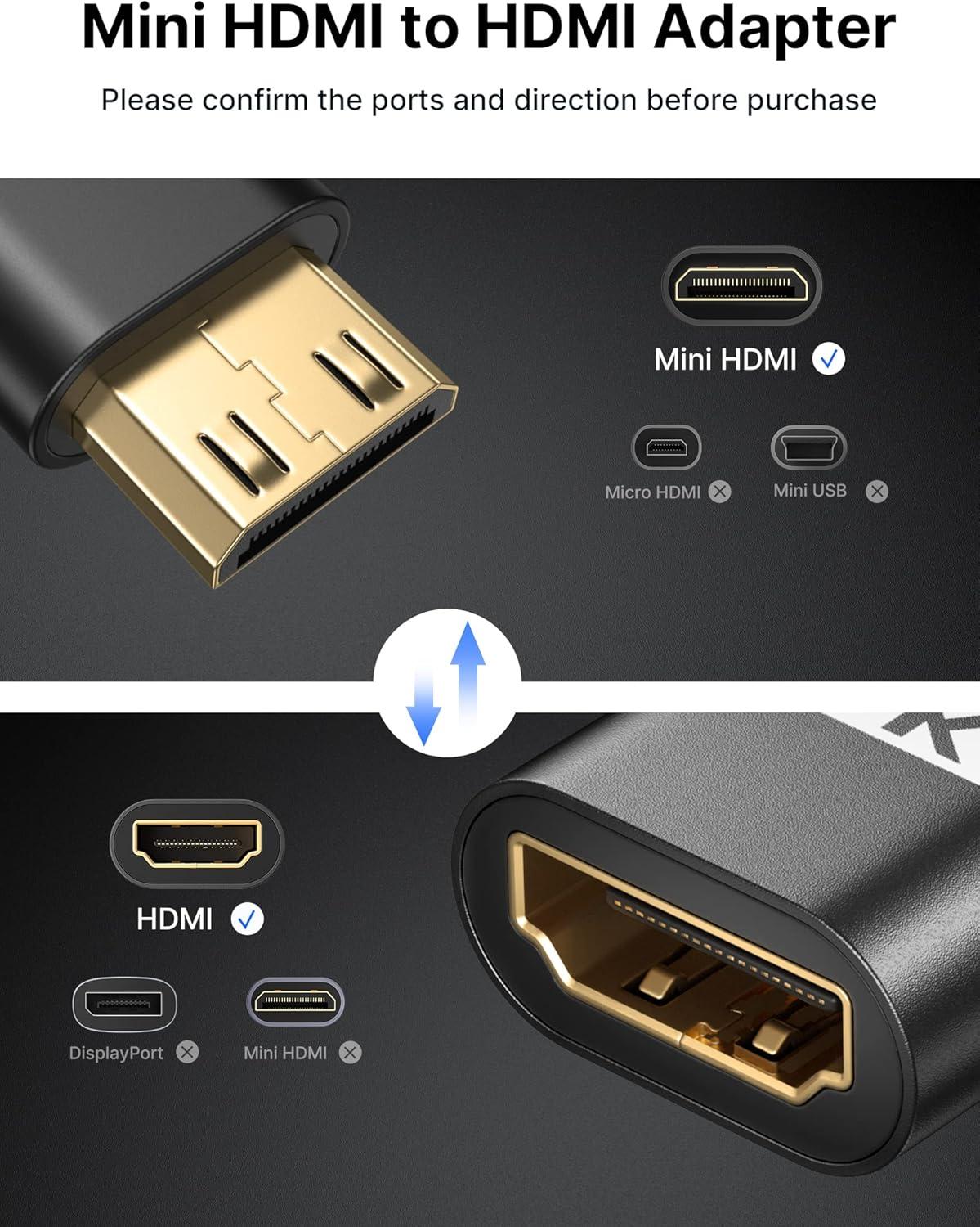 imageJSAUX Mini HDMI to HDMI Adapter Mini HDMI Male to HDMI Female Cable with 4K 60Hz HDR 3D 18Gbps Compatible with Camera Camcorder Raspberry Pi Zero Laptop TabletGrayBlack