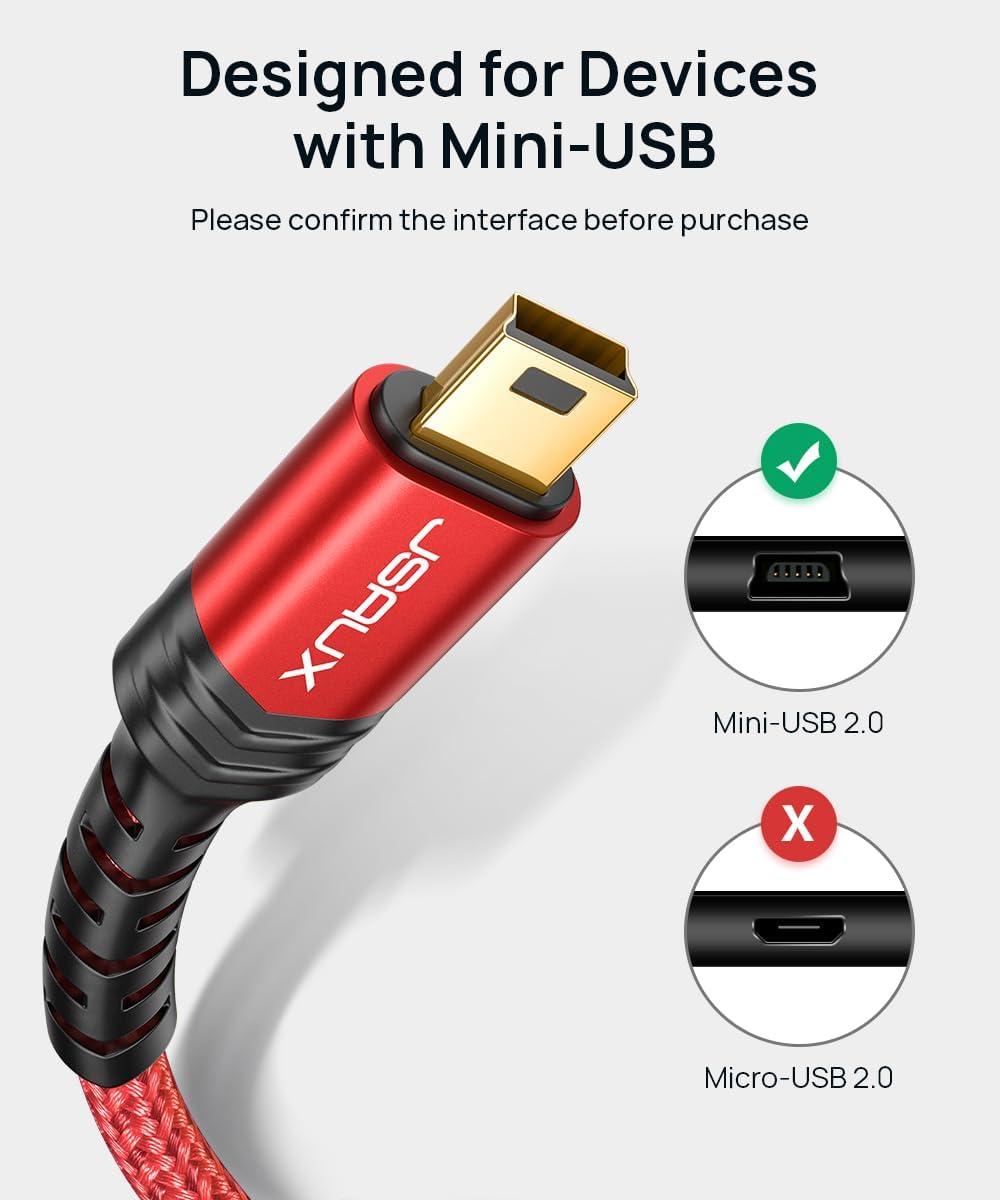 imageJSAUX Mini USB Cable2Pack 33ft66ft USB 20 Type A to Mini B Fast Charging Braided Cord for GoPro Hero 3 PS3 Controller MP3 Player Dash Cam Garmin Nuvi GPS Camera Blue Yeti RedRed