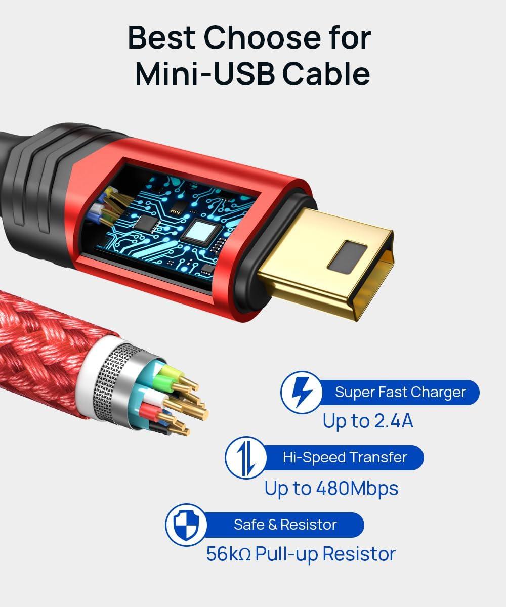 imageJSAUX Mini USB Cable2Pack 33ft66ft USB 20 Type A to Mini B Fast Charging Braided Cord for GoPro Hero 3 PS3 Controller MP3 Player Dash Cam Garmin Nuvi GPS Camera Blue Yeti RedRed