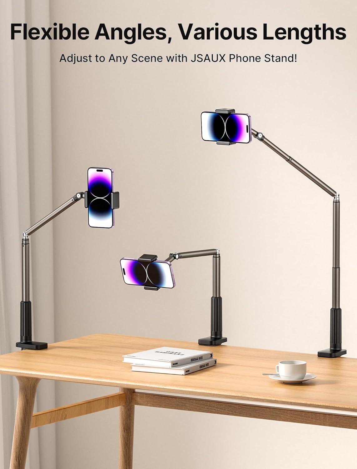 imageJSAUX Phone Holder for Desk and Bed Compatible with iPhone 16 15 14 13 12 Overhead Phone Mount Gooseneck Phone Stand Flexible 360 Lazy Long Arm Clamp Clip for Table Bedside 1Pack BlackBlack