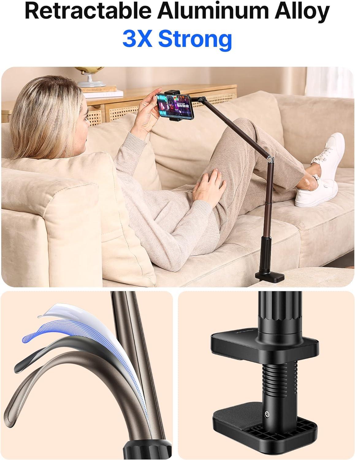 imageJSAUX Phone Holder for Desk and Bed Compatible with iPhone 16 15 14 13 12 Overhead Phone Mount Gooseneck Phone Stand Flexible 360 Lazy Long Arm Clamp Clip for Table Bedside 1Pack BlackBlack