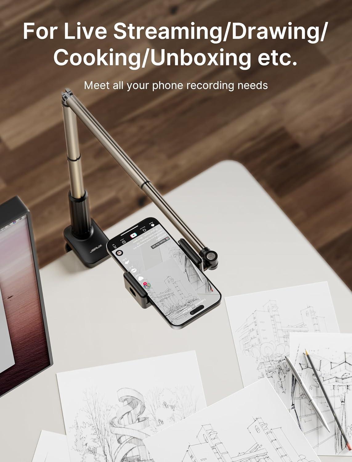 imageJSAUX Phone Holder for Desk and Bed Compatible with iPhone 16 15 14 13 12 Overhead Phone Mount Gooseneck Phone Stand Flexible 360 Lazy Long Arm Clamp Clip for Table Bedside 1Pack BlackBlack