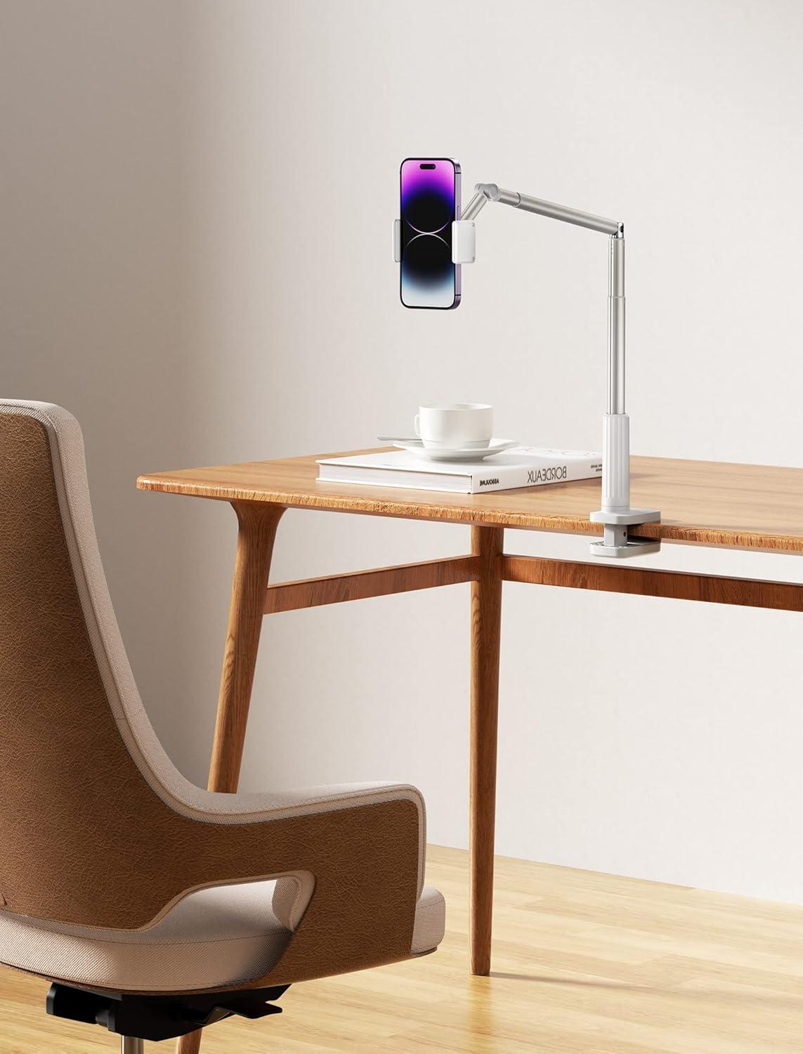 imageJSAUX Phone Holder for Desk and Bed Compatible with iPhone 16 15 14 13 12 Overhead Phone Mount Gooseneck Phone Stand Flexible 360 Lazy Long Arm Clamp Clip for Table Bedside 1Pack BlackWhite