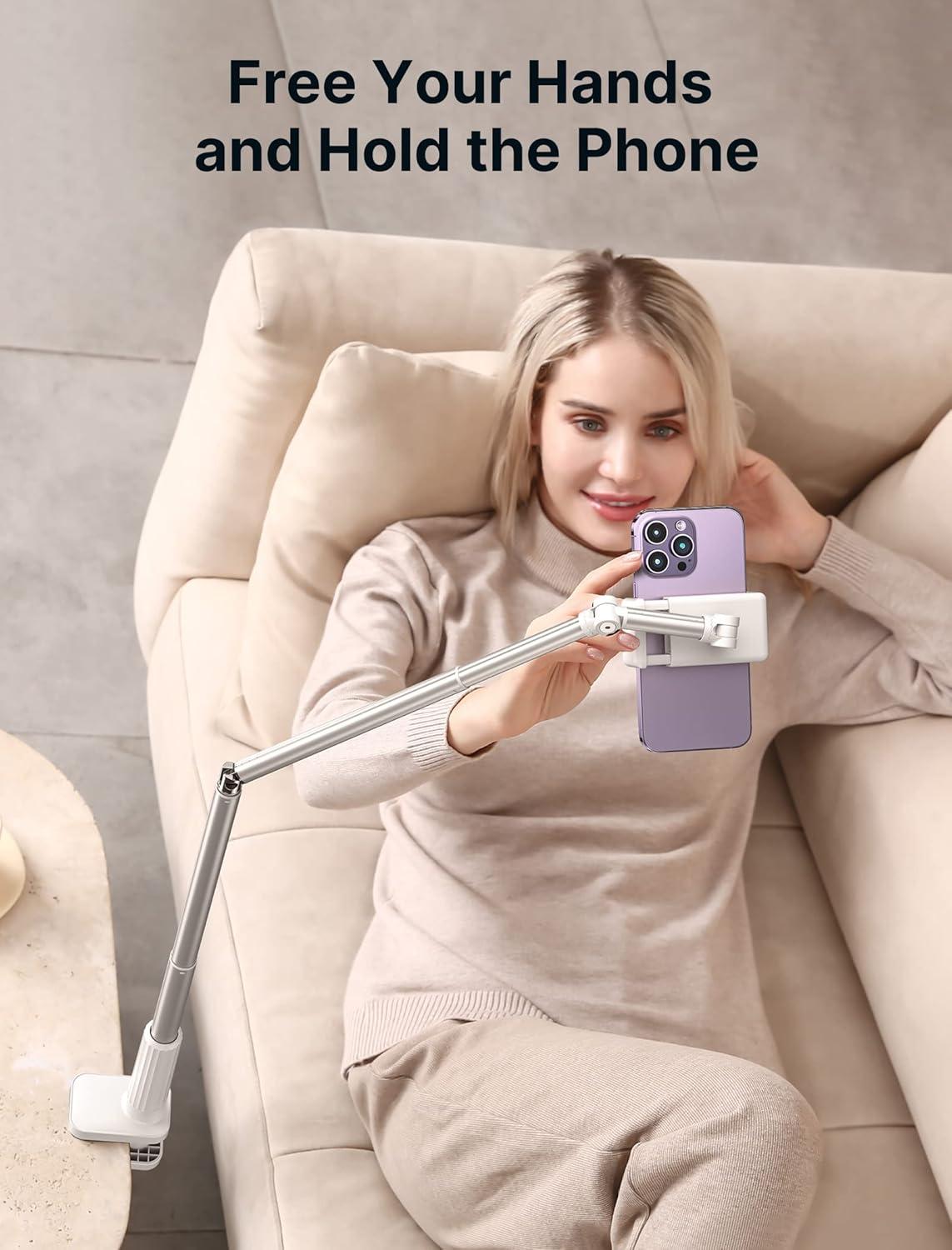 imageJSAUX Phone Holder for Desk and Bed Compatible with iPhone 16 15 14 13 12 Overhead Phone Mount Gooseneck Phone Stand Flexible 360 Lazy Long Arm Clamp Clip for Table Bedside 1Pack BlackWhite