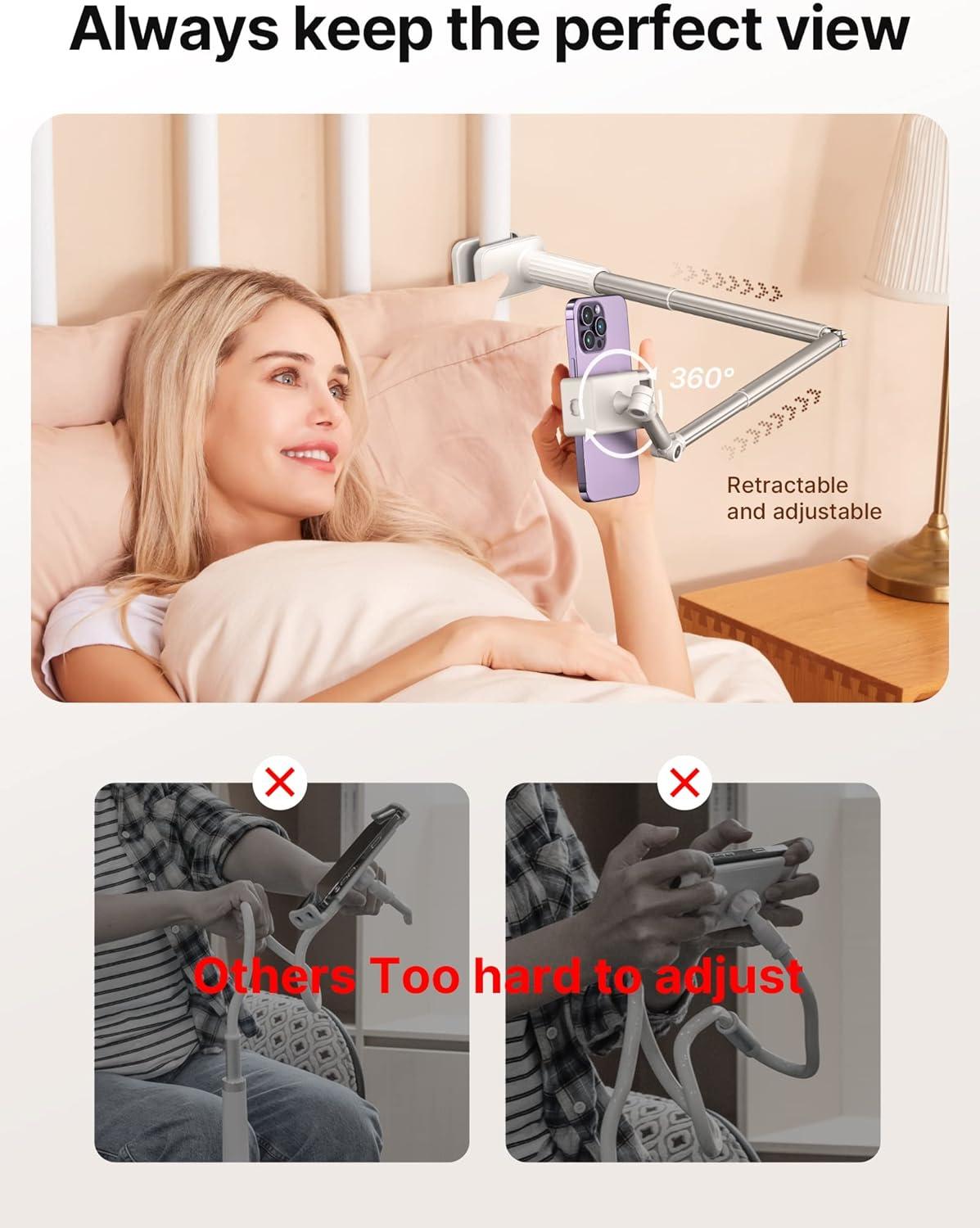 imageJSAUX Phone Holder for Desk and Bed Compatible with iPhone 16 15 14 13 12 Overhead Phone Mount Gooseneck Phone Stand Flexible 360 Lazy Long Arm Clamp Clip for Table Bedside 1Pack BlackWhite