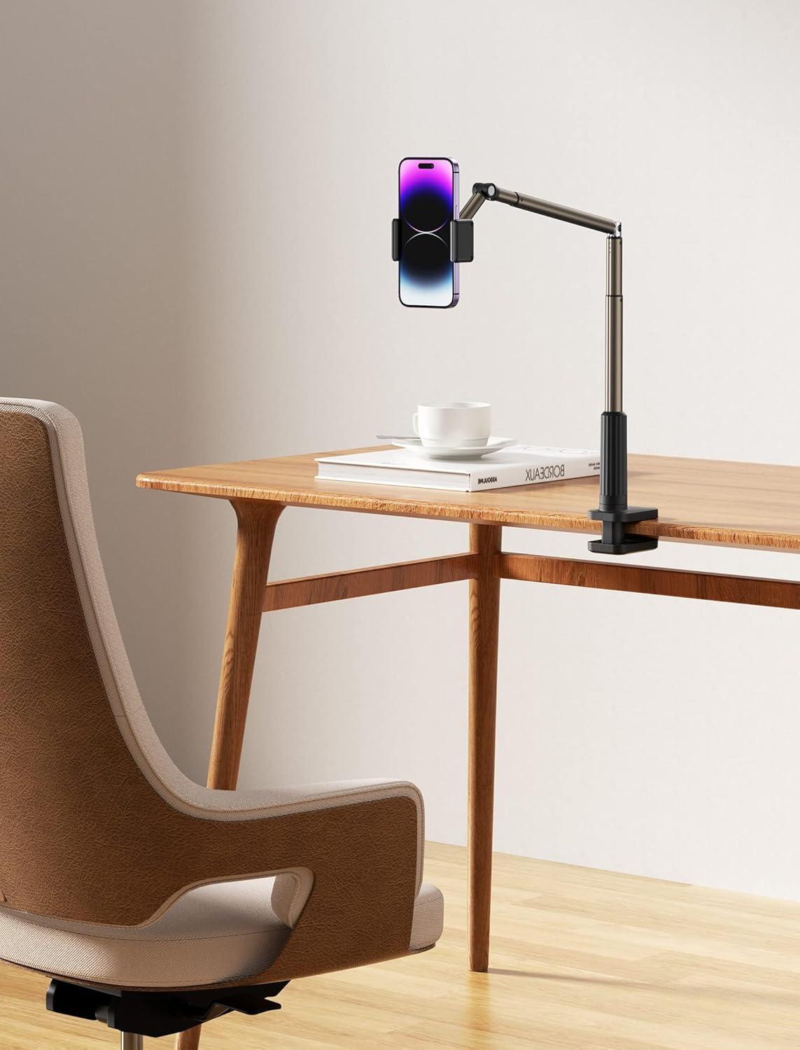 imageJSAUX Phone Holder for Desk and Bed Compatible with iPhone 16 15 14 13 12 Overhead Phone Mount Gooseneck Phone Stand Flexible 360 Lazy Long Arm Clamp Clip for Table Bedside 1Pack BlackBlack