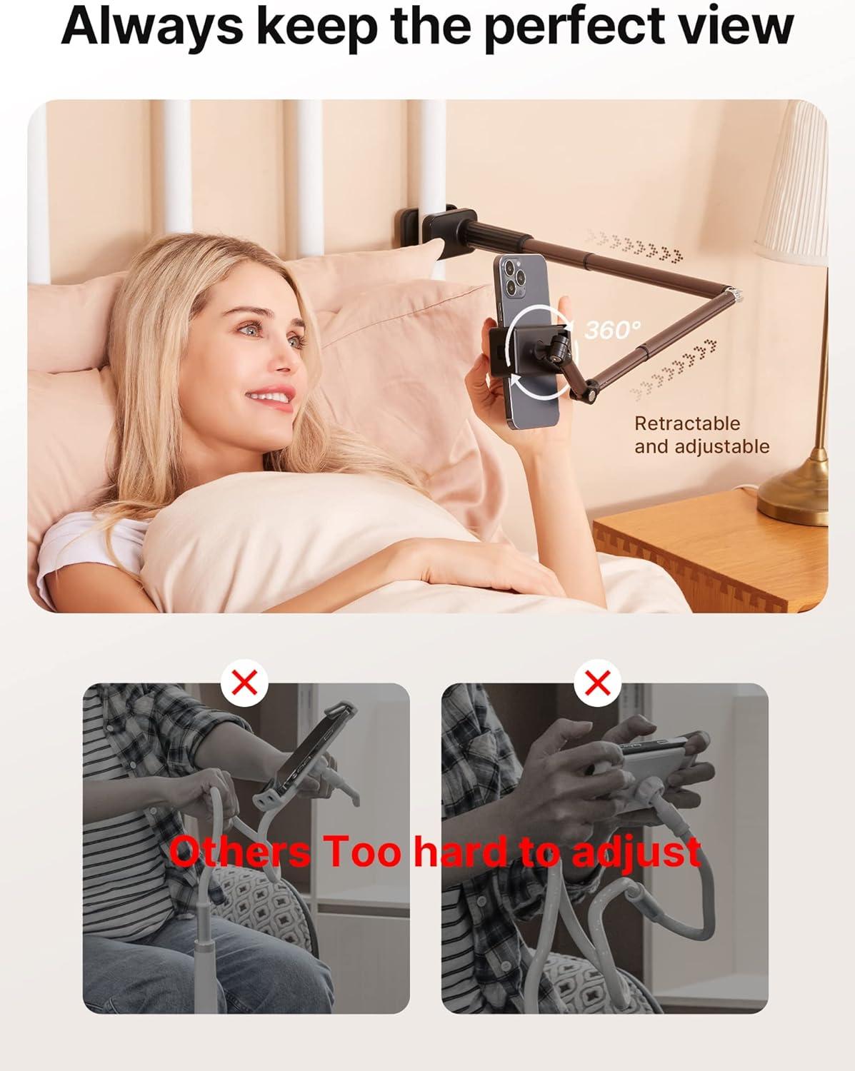 imageJSAUX Phone Holder for Desk and Bed Compatible with iPhone 16 15 14 13 12 Overhead Phone Mount Gooseneck Phone Stand Flexible 360 Lazy Long Arm Clamp Clip for Table Bedside 1Pack BlackBlack