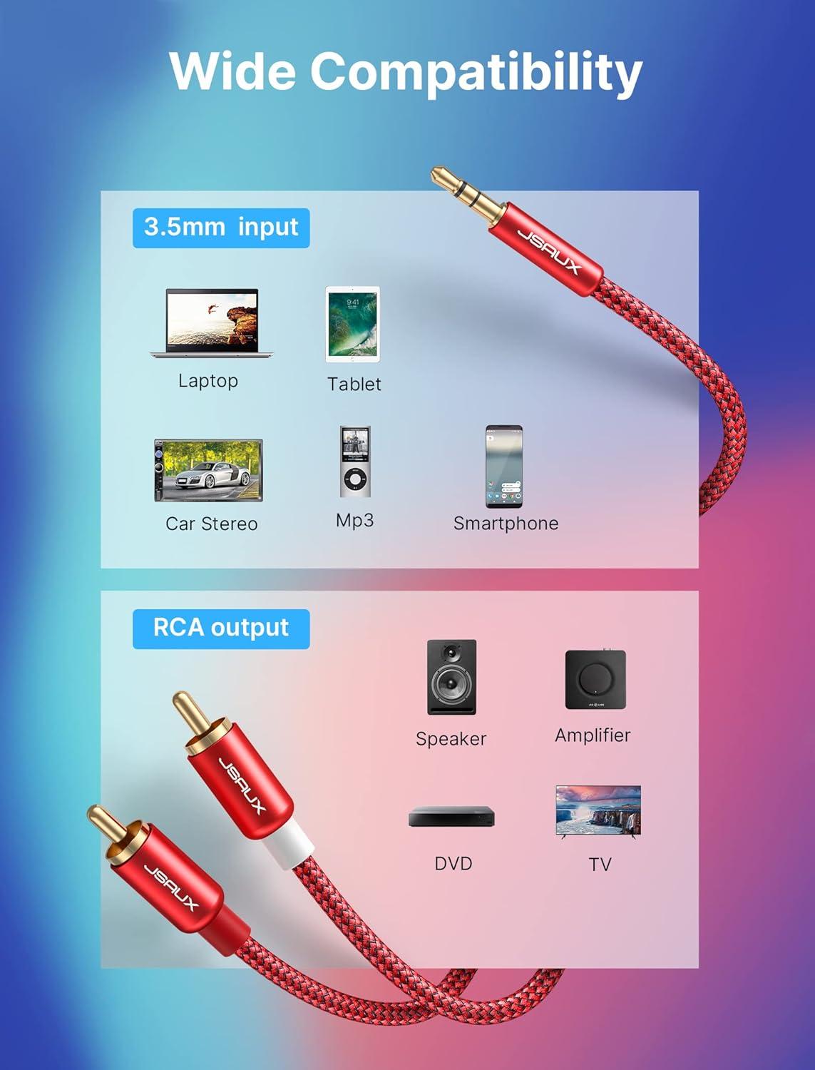 imageJSAUX RCA to 35mm Cable 66ft Aux to RCA Headphone Male to Male Jack Adapter Nylon Braided 18 Audio Y Cord for Smartphones MP3 Tablets Speakers HDTV GreyRed