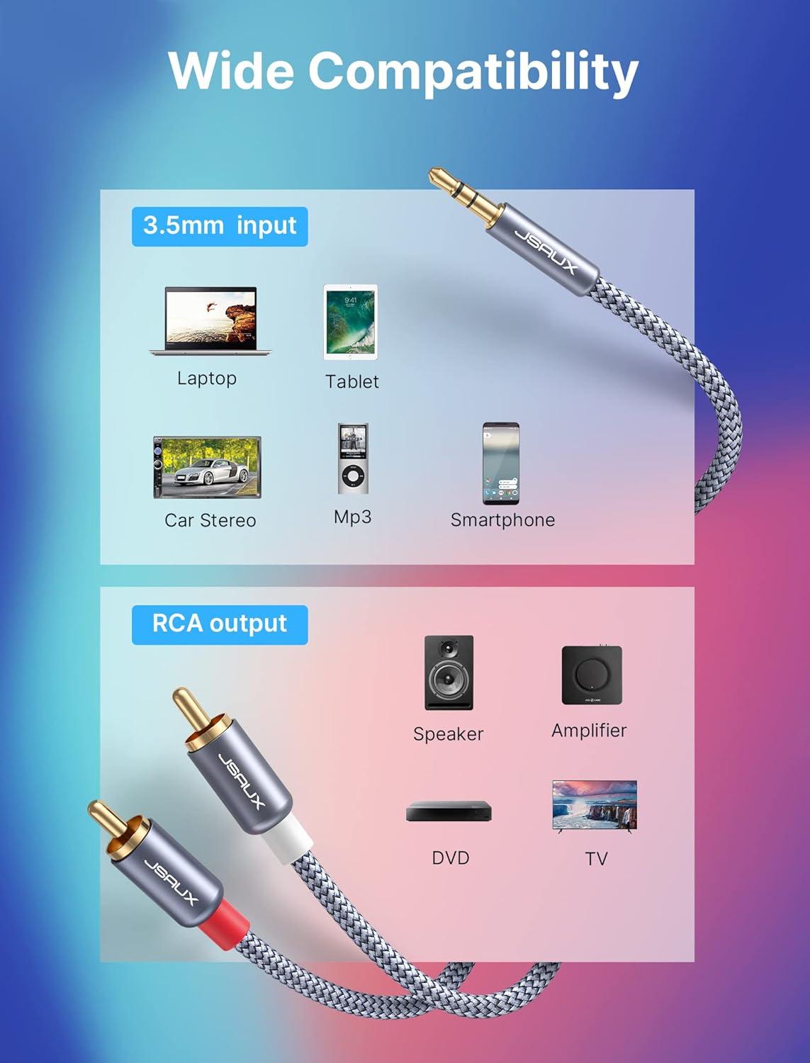 imageJSAUX RCA to 35mm Cable 66ft Aux to RCA Headphone Male to Male Jack Adapter Nylon Braided 18 Audio Y Cord for Smartphones MP3 Tablets Speakers HDTV GreyGrey