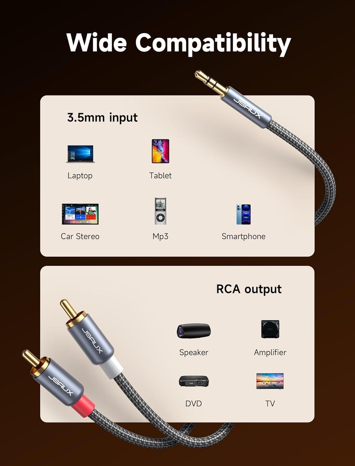 imageJSAUX RCA to 35mm Cable 66ft Aux to RCA Headphone Male to Male Jack Adapter Nylon Braided 18 Audio Y Cord for Smartphones MP3 Tablets Speakers HDTV GreyGrey