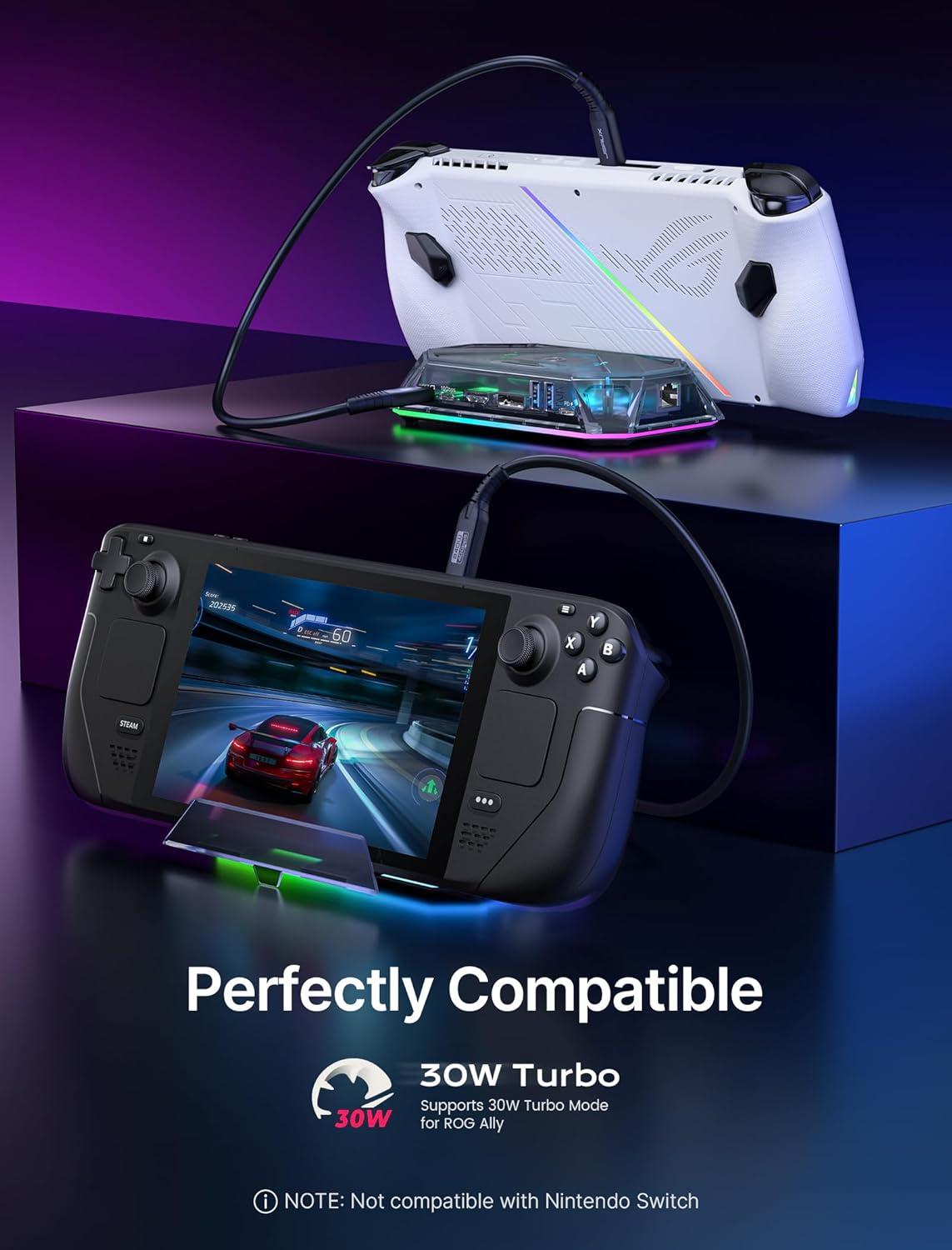 imageJSAUX RGB Docking Station for Steam Deck OLEDROG AllyLegion Go 12in1 Dock for Steam Deck with 4K120Hz HDMI DisplayPort Gigabit Ethernet USB C 32 USB A 3220 SDTF Slots 35mm JackAmethystCrystal