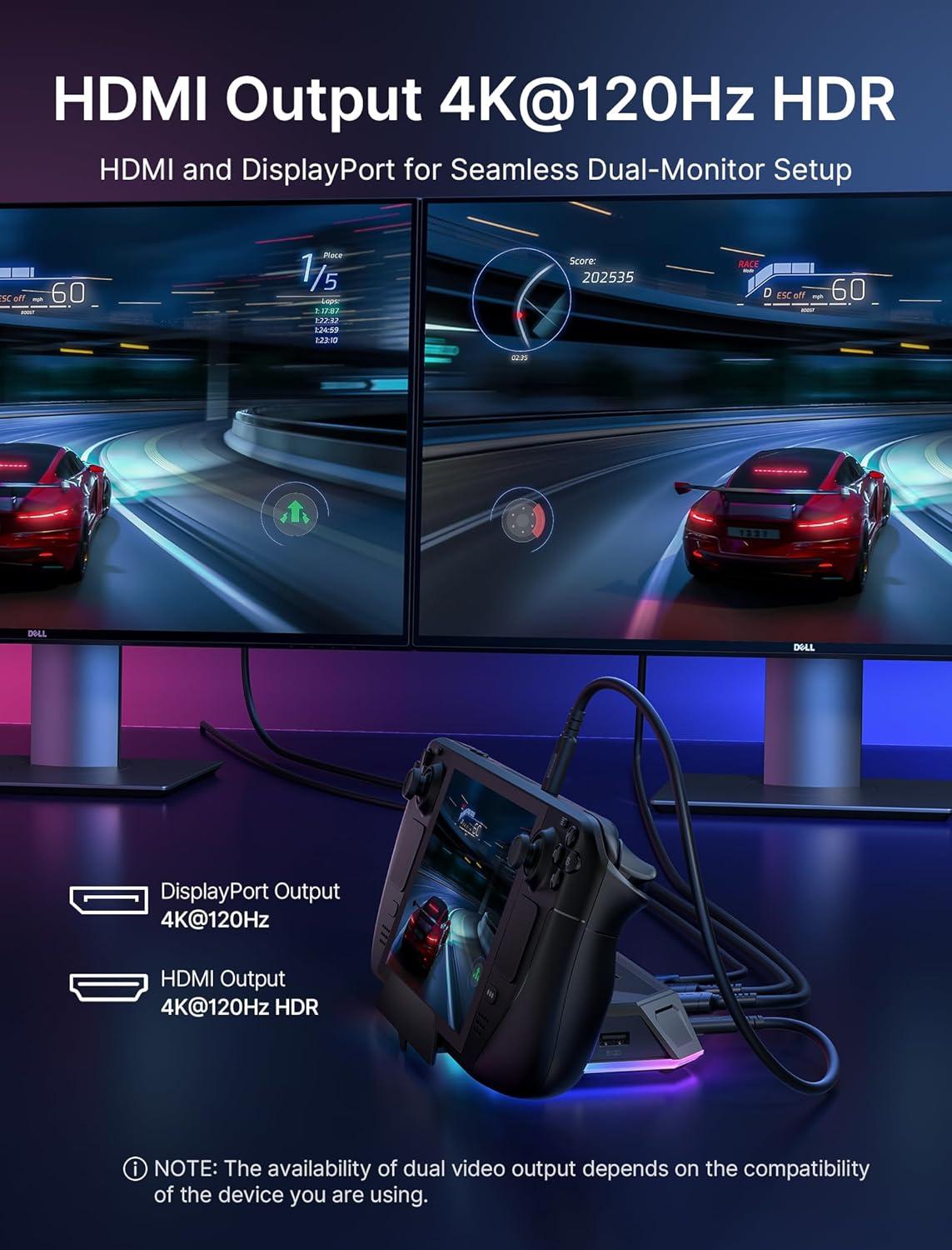 imageJSAUX RGB Docking Station for Steam Deck OLEDROG AllyLegion Go 12in1 Dock for Steam Deck with 4K120Hz HDMI DisplayPort Gigabit Ethernet USB C 32 USB A 3220 SDTF Slots 35mm JackAmethystBlack