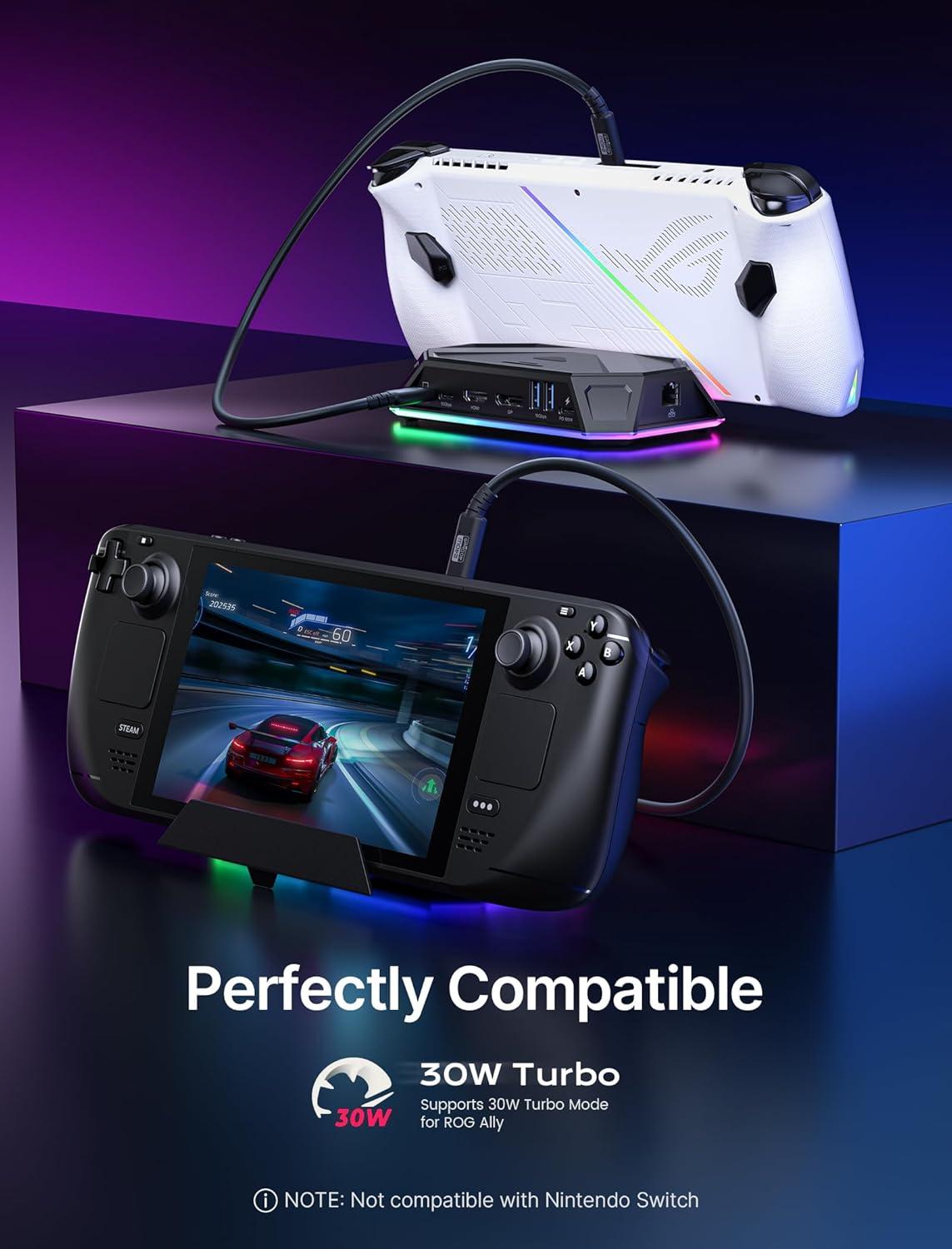 imageJSAUX RGB Docking Station for Steam Deck OLEDROG AllyLegion Go 12in1 Dock for Steam Deck with 4K120Hz HDMI DisplayPort Gigabit Ethernet USB C 32 USB A 3220 SDTF Slots 35mm JackAmethystBlack