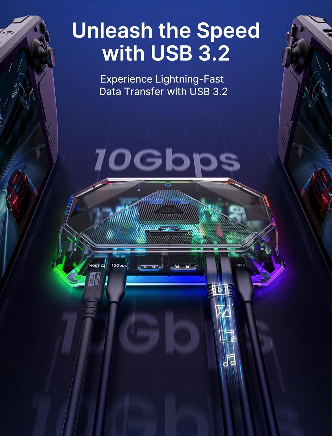 imageJSAUX RGB Docking Station for Steam Deck OLEDROG AllyLegion Go 12in1 Dock for Steam Deck with 4K120Hz HDMI DisplayPort Gigabit Ethernet USB C 32 USB A 3220 SDTF Slots 35mm JackAmethystCrystal