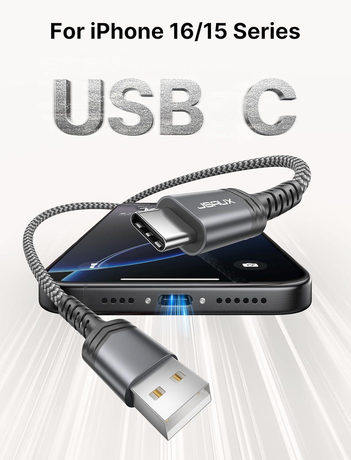 imageJSAUX USB A to USB C Cable 3Pack 66Ft 31A Fast Charging Cord Type C Charge Cable Compatible with CarPlayiPhone 171615PlusProSamsung Galaxy S20S10S9S8 Note 109 LG PS5 USB C ChargerGrey