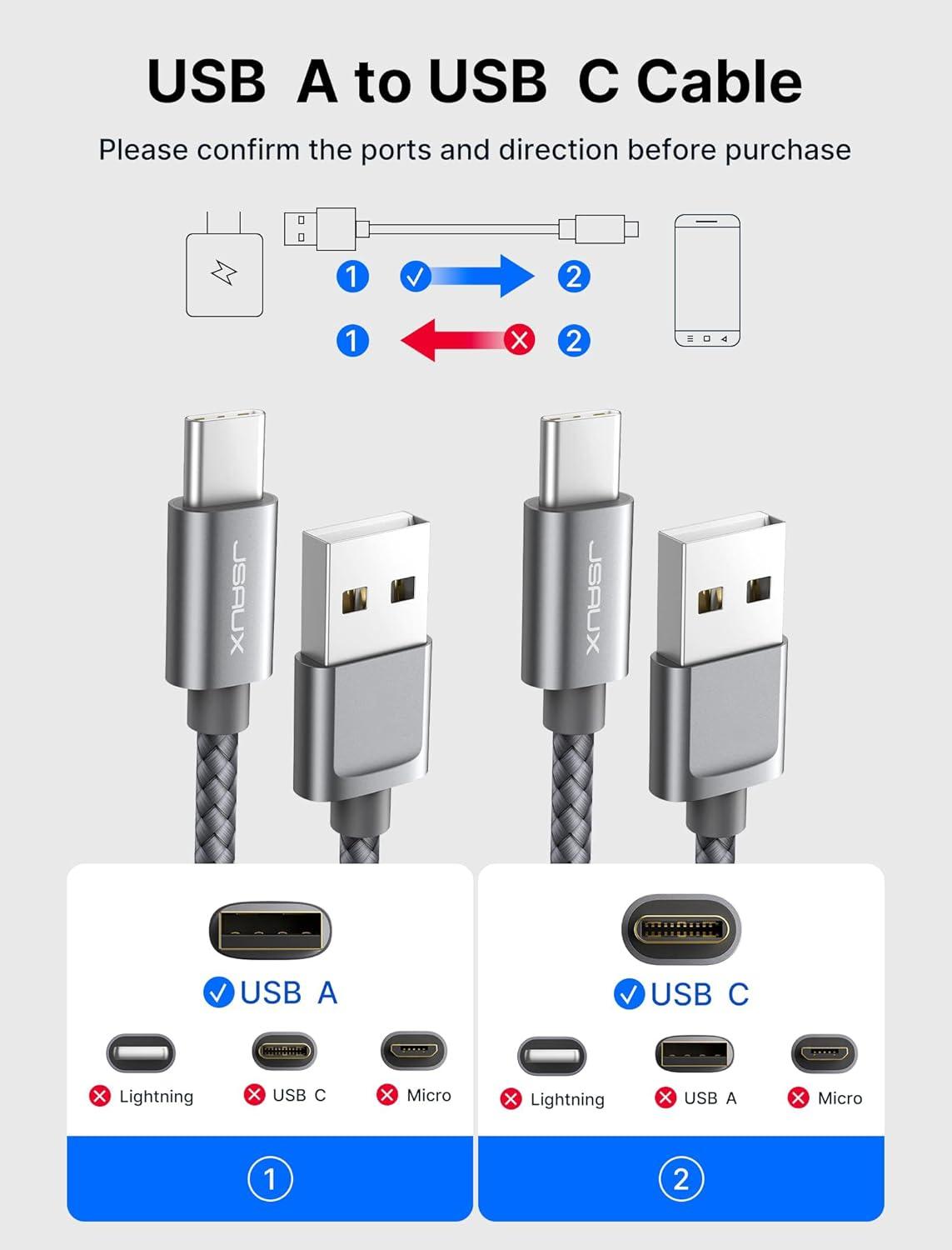 imageJSAUX USB A to USB C Cable 3Pack 66Ft 31A Fast Charging Cord Type C Charge Cable Compatible with CarPlayiPhone 171615PlusProSamsung Galaxy S20S10S9S8 Note 109 LG PS5 USB C ChargerGrey