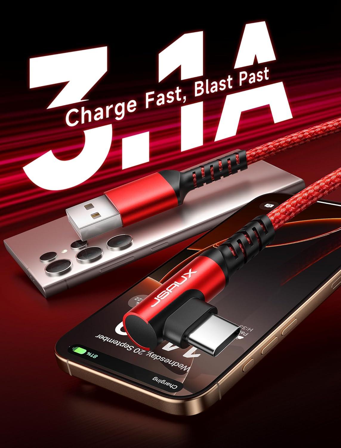 imageJSAUX USB C Cable 2Pack 66ft 31A Type C Charger Fast Charging Cord Right Angle Compatible with iPhone 16e 16 15 Pro Max Plus Samsung Galaxy A14 A15 A25 A35 A53 A55 S25 S24 S23 CarPlay RedRed