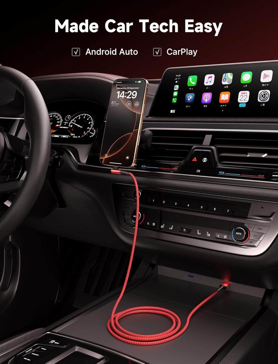 imageJSAUX USB C Cable 2Pack 66ft 31A Type C Charger Fast Charging Cord Right Angle Compatible with iPhone 16e 16 15 Pro Max Plus Samsung Galaxy A14 A15 A25 A35 A53 A55 S25 S24 S23 CarPlay RedRed