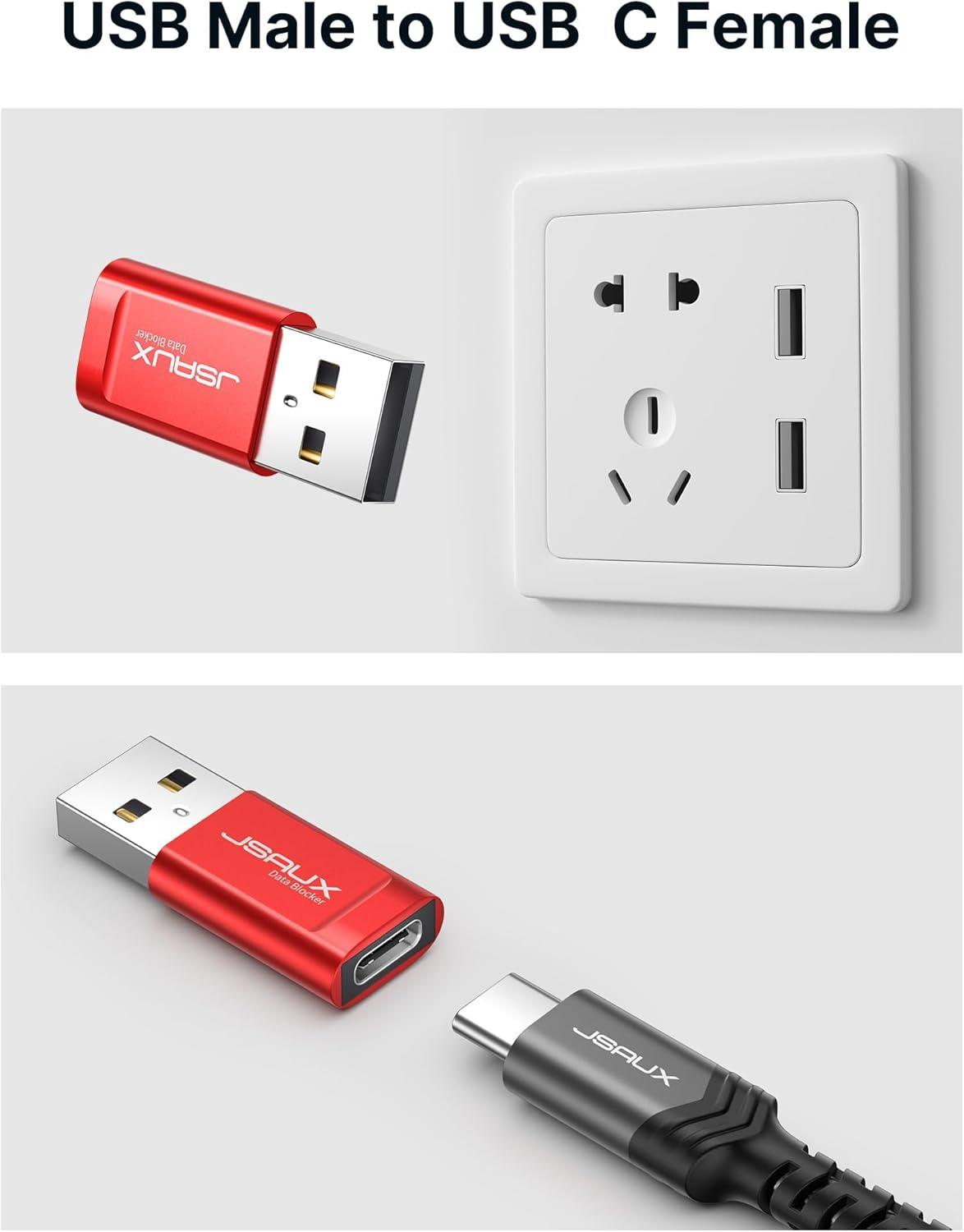 imageJSAUX USB C Data Blocker 4Pack USB A to USB C Female Defender Only for Quick Charge Protect Against Juice Jacking Refuse Hacking Provide Safe Charging RedRed