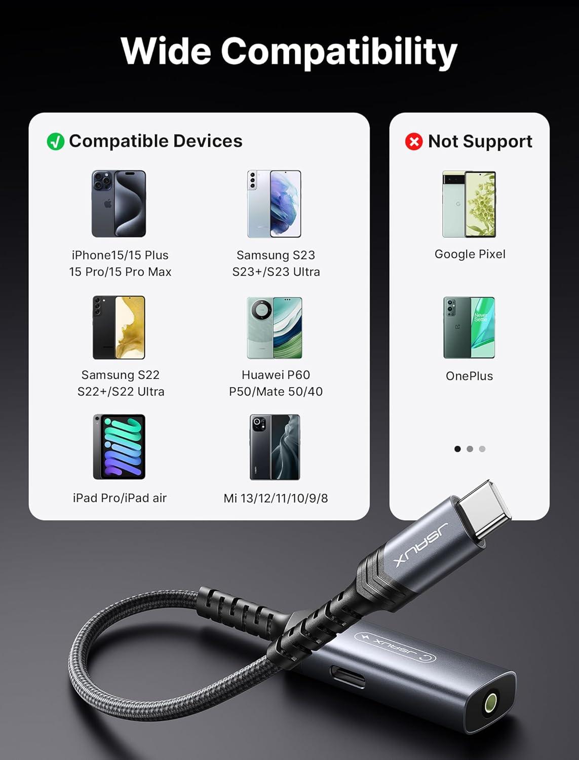 imageJSAUX USB C Headphone Adapter and Charger 2in1 Type to 35mm Audio with PD 60W Fast Charging for iPhone 16 Pro16 Pro Max1616 Plus15 Pro Max15 ProSamsung S24S24S23S22S21iPad ProRedRed