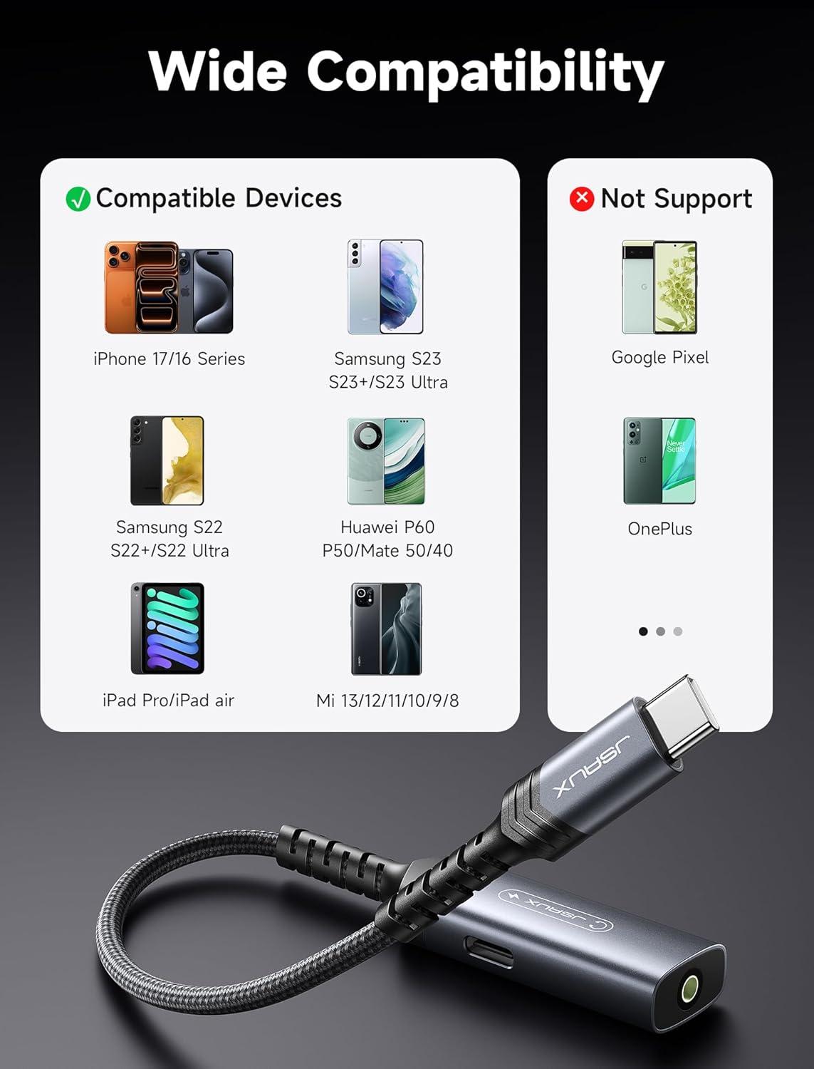 imageJSAUX USB C Headphone Adapter and Charger 2in1 Type to 35mm Audio with PD 60W Fast Charging for iPhone 16 Pro16 Pro Max1616 Plus15 Pro Max15 ProSamsung S24S24S23S22S21iPad ProRedGrey