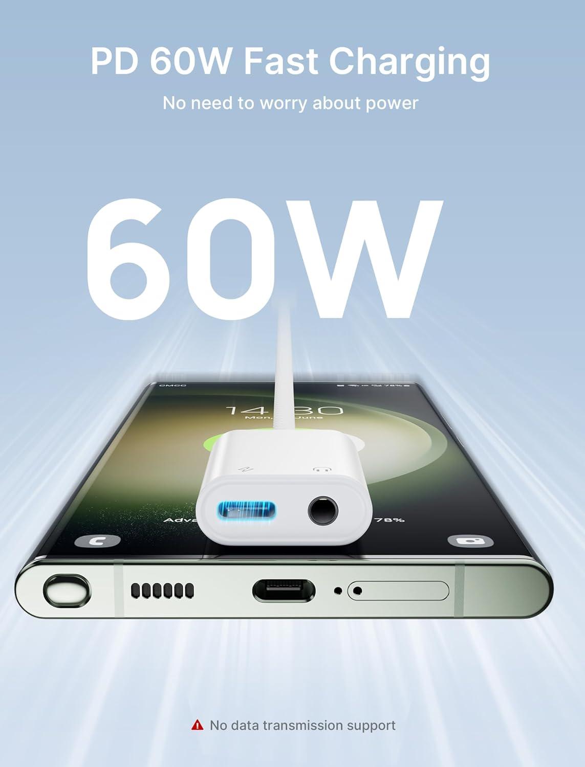 imageJSAUX USB C to 35mm Headphone and Charger Adapter 2 in 1 USB Type C to Aux Audio Jack with PD 60W Fast Charging Dongle for Stereo Earbuds Compatible with iPhone 15 Pro Samsung S242322 iPad Pro