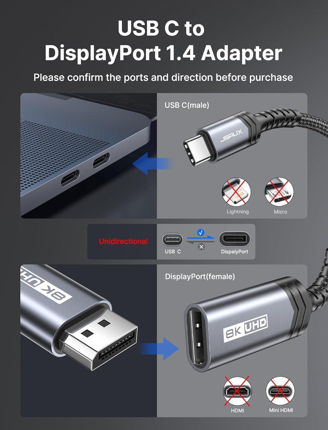 imageJSAUX USB C to DisplayPort 14 Adapter 8K60Hz 4K144Hz 120Hz 2K240Hz Dynamic HDR 3D Thunderbolt43 to Display Port Compatible with Oculus Rift S MacBook Pro Reverb G2 Dell XPS Surface Pro