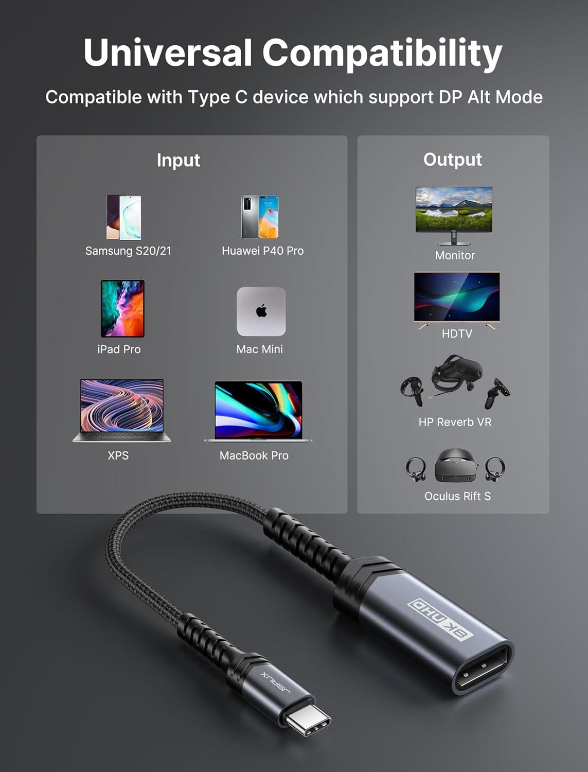 imageJSAUX USB C to DisplayPort 14 Adapter 8K60Hz 4K144Hz 120Hz 2K240Hz Dynamic HDR 3D Thunderbolt43 to Display Port Compatible with Oculus Rift S MacBook Pro Reverb G2 Dell XPS Surface Pro