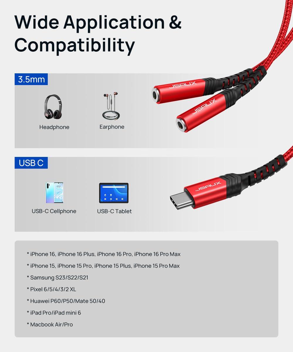 imageJSAUX USB C to Dual 35mm Female Headphone Splitter Type C to Dual 35mm Female Aux Y Jack Headphone Adapter Compatible with iPhone 16 Pro Max15 Pro Max Galaxy S2423 Ultra Pixel iPad ProRedRed