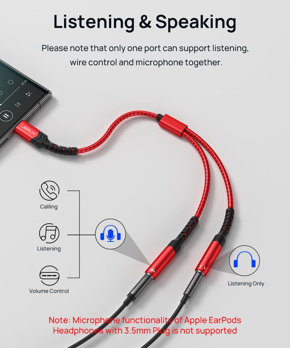 imageJSAUX USB C to Dual 35mm Female Headphone Splitter Type C to Dual 35mm Female Aux Y Jack Headphone Adapter Compatible with iPhone 16 Pro Max15 Pro Max Galaxy S2423 Ultra Pixel iPad ProRedRed