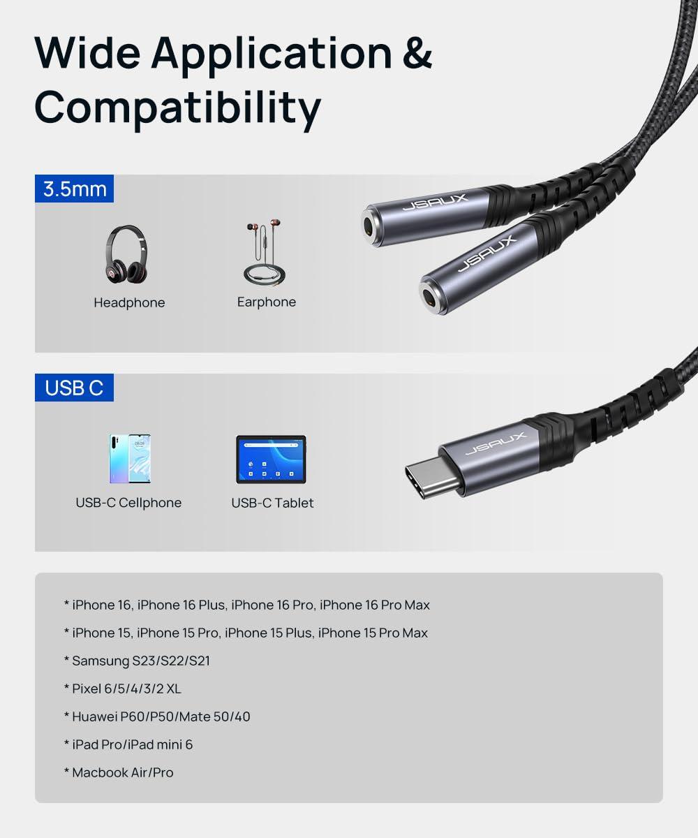 imageJSAUX USB C to Dual 35mm Female Headphone Splitter Type C to Dual 35mm Female Aux Y Jack Headphone Adapter Compatible with iPhone 16 Pro Max15 Pro Max Galaxy S2423 Ultra Pixel iPad ProRedGrey