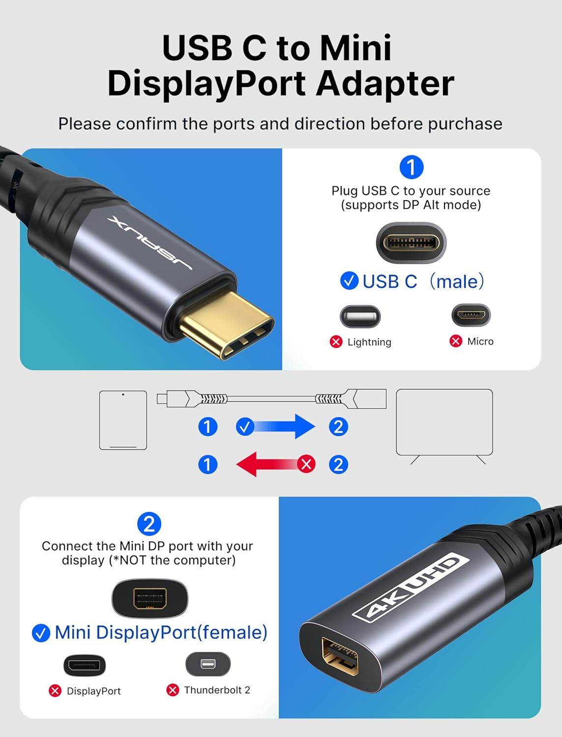 imageJSAUX USB C to Mini DisplayPort Adapter 4K60Hz Type C to Mini Display PortNot for Thunderbolt 2 Cable Compatible with MacBook Pro 2019 2018 Dell XPS Samsung Galaxy S21 S20 PlusGreyGrey