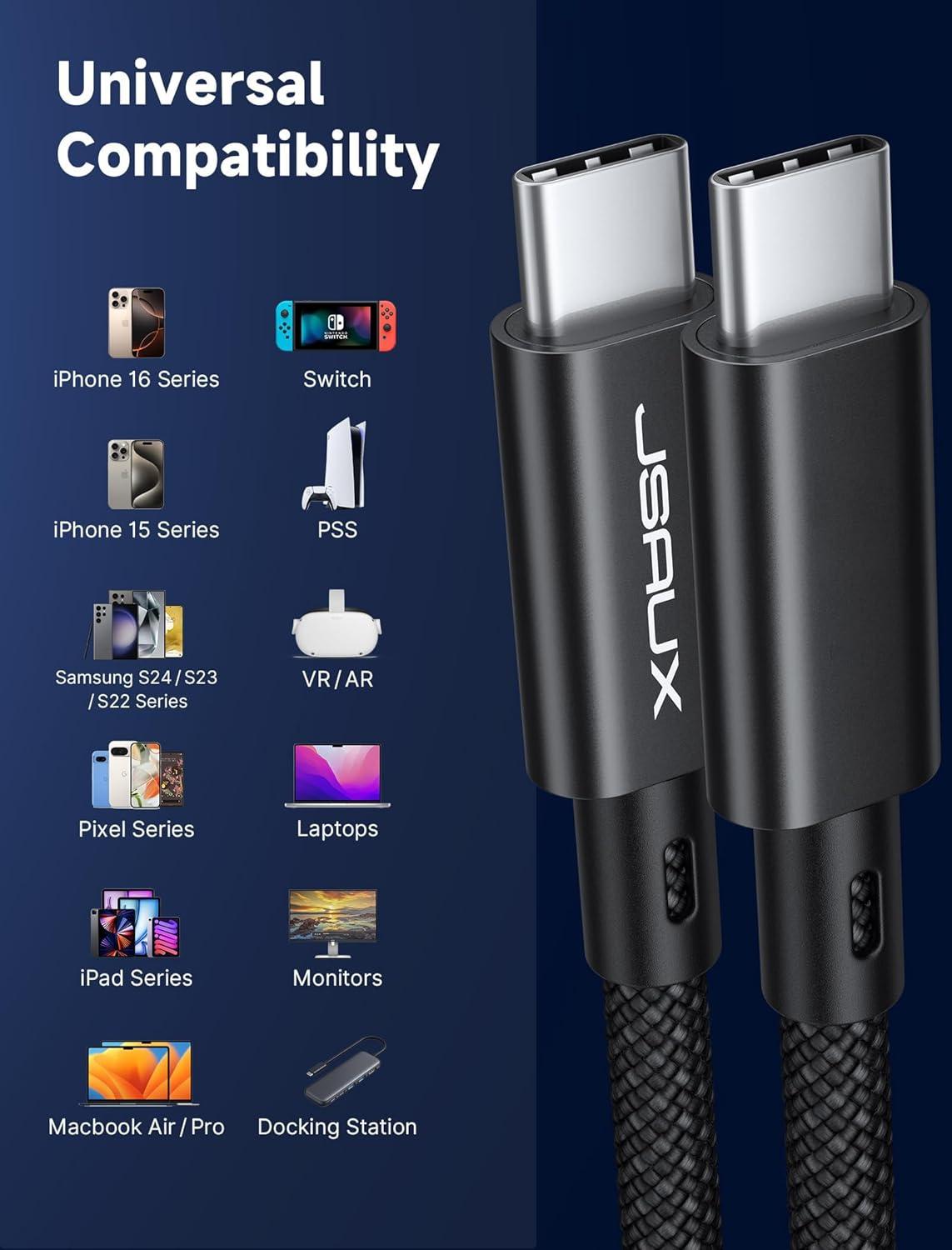 imageJSAUX USB C to USB C 32 Gen 2 Cable 20Gbps Data Transfer for iPhone 15 Pro Max 4K Video Monitor Display Cable 100W PD Fast Charging for Galaxy S24S23 MacBook Pro Huawei Matebook iPad Pro33FTBlack