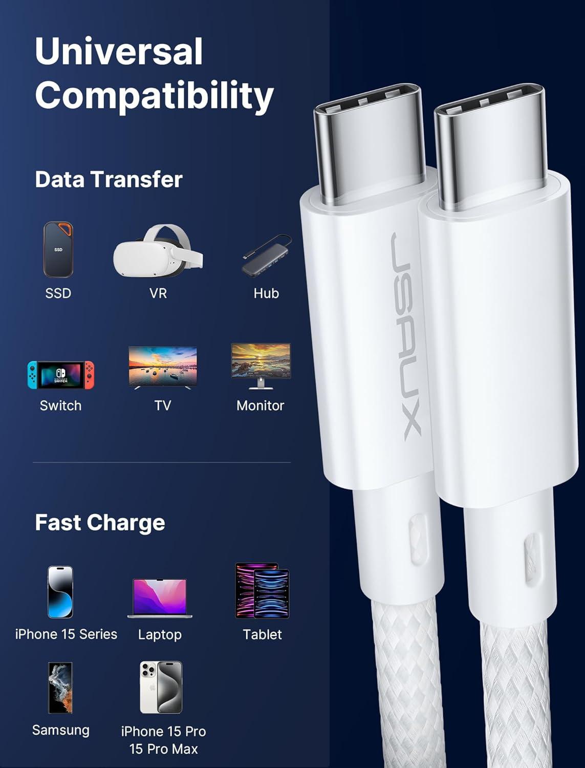 imageJSAUX USB C to USB C 32 Gen 2 Cable 20Gbps Data Transfer for iPhone 15 Pro Max 4K Video Monitor Display Cable 100W PD Fast Charging for Galaxy S24S23 MacBook Pro Huawei Matebook iPad Pro33FTWhite