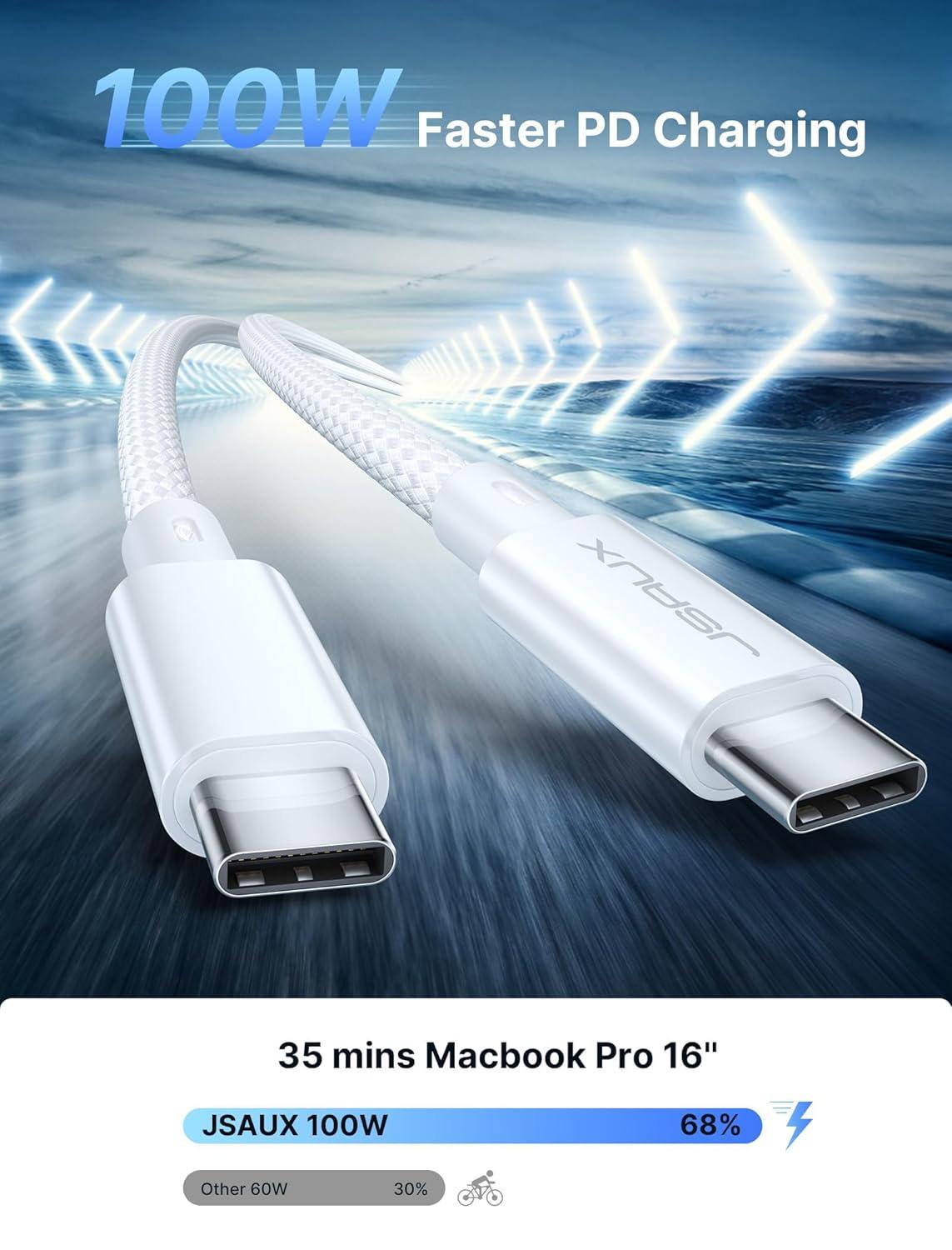 imageJSAUX USB C to USB C 32 Gen 2 Cable 20Gbps Data Transfer for iPhone 15 Pro Max 4K Video Monitor Display Cable 100W PD Fast Charging for Galaxy S24S23 MacBook Pro Huawei Matebook iPad Pro33FTWhite