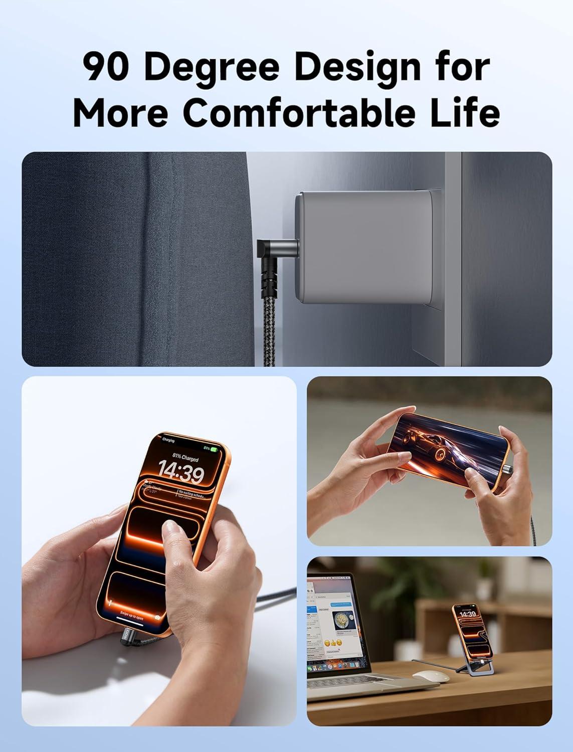 imageJSAUX USB C to USB C Cable 10FT 100W Right Angle Fast Charging Cord for iPhone AiriPhone 17iPhone 17 Pro Max Nintendo Switch 2 Steam Deck ROG Ally MacBook iPad Galaxy S25 S24 iPhone 1516Grey