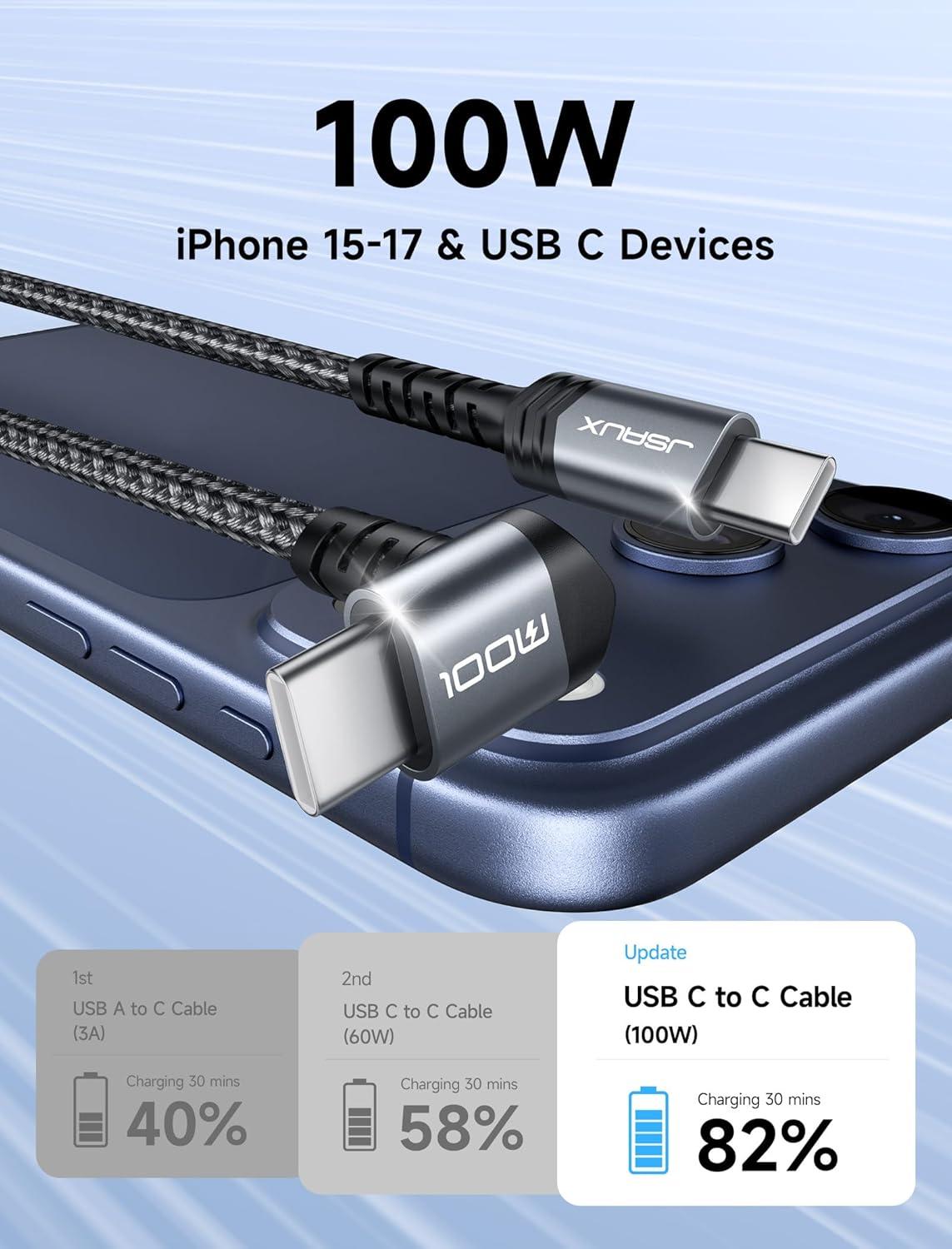 imageJSAUX USB C to USB C Cable 10FT 100W Right Angle Fast Charging Cord for iPhone AiriPhone 17iPhone 17 Pro Max Nintendo Switch 2 Steam Deck ROG Ally MacBook iPad Galaxy S25 S24 iPhone 1516Grey