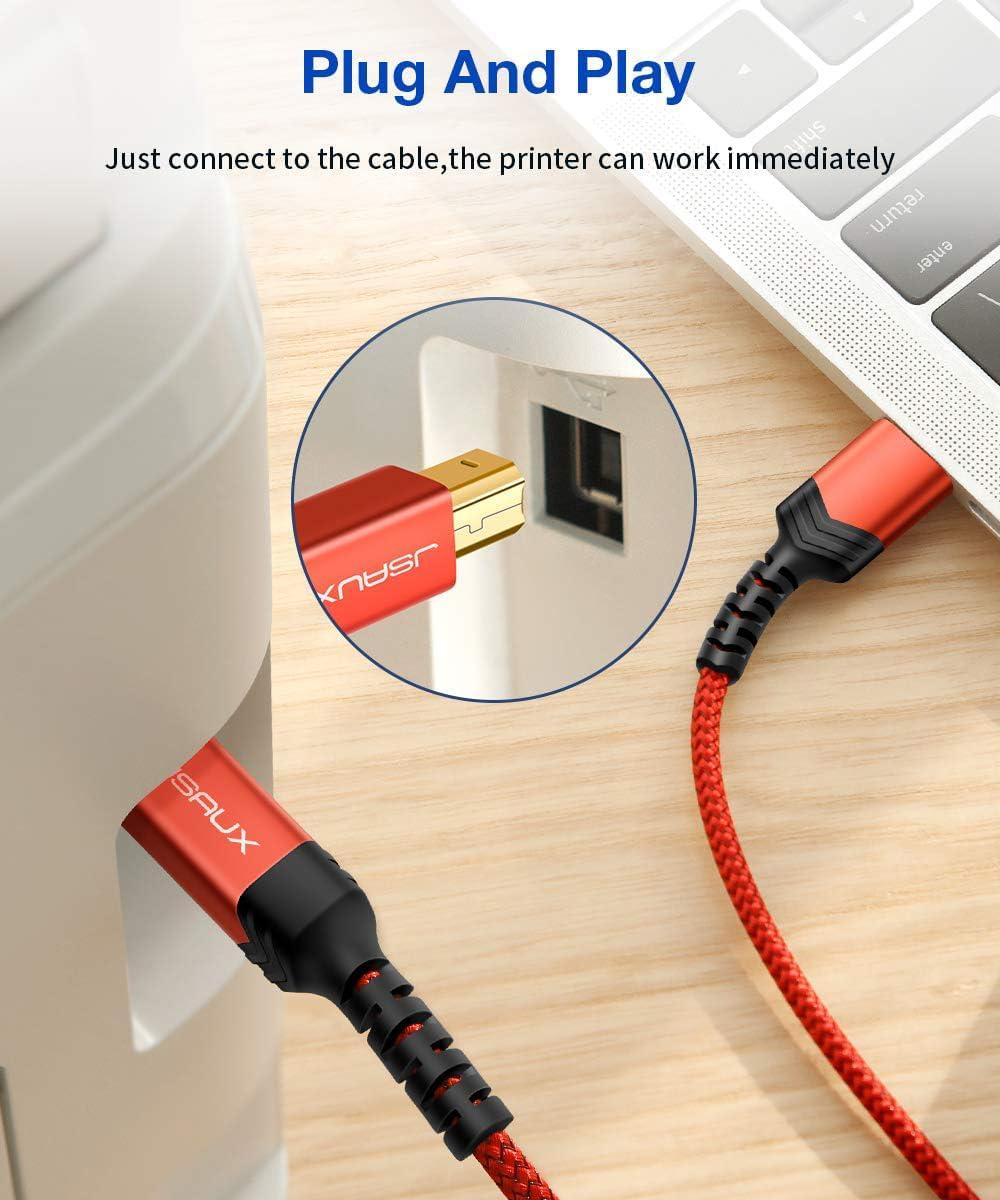 imageJSAUX USB Printer Cable 10ft Type A Male to B Male Scanner Cord USB B Cable High Speed for HP Canon Epson Dell Brother Lexmark Xerox Samsung etc and Piano DACRed