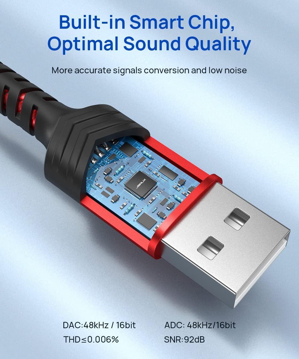 imageJSAUX USB to 35mm Jack Audio AdapterUSB to Audio Jack Adapter Headset TRRS 4Pole Female External Stereo Sound Card for Headphone Mac PS4 PC Laptop Desktops and More Grey06FTred