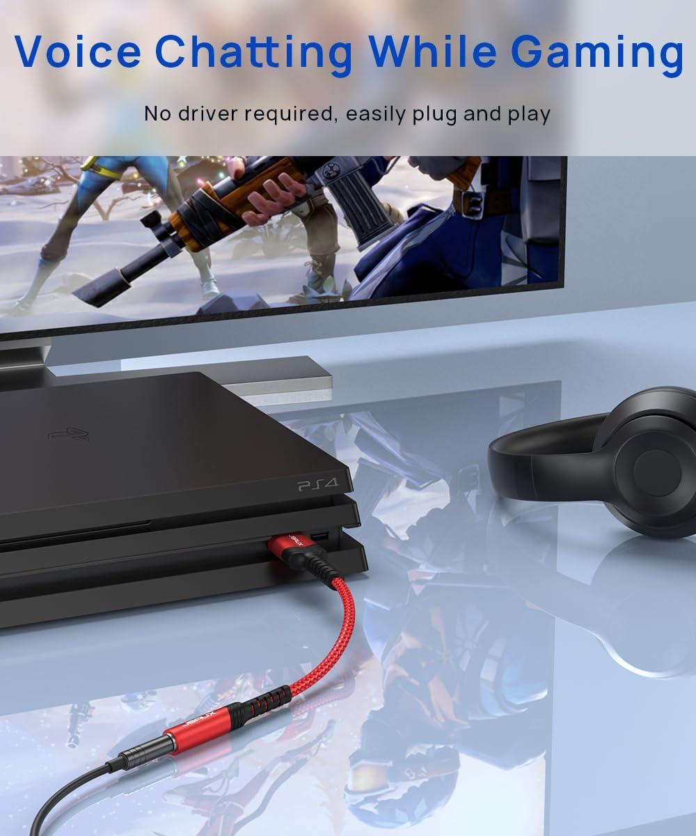 imageJSAUX USB to 35mm Jack Audio AdapterUSB to Audio Jack Adapter Headset TRRS 4Pole Female External Stereo Sound Card for Headphone Mac PS4 PC Laptop Desktops and More Grey06FTred